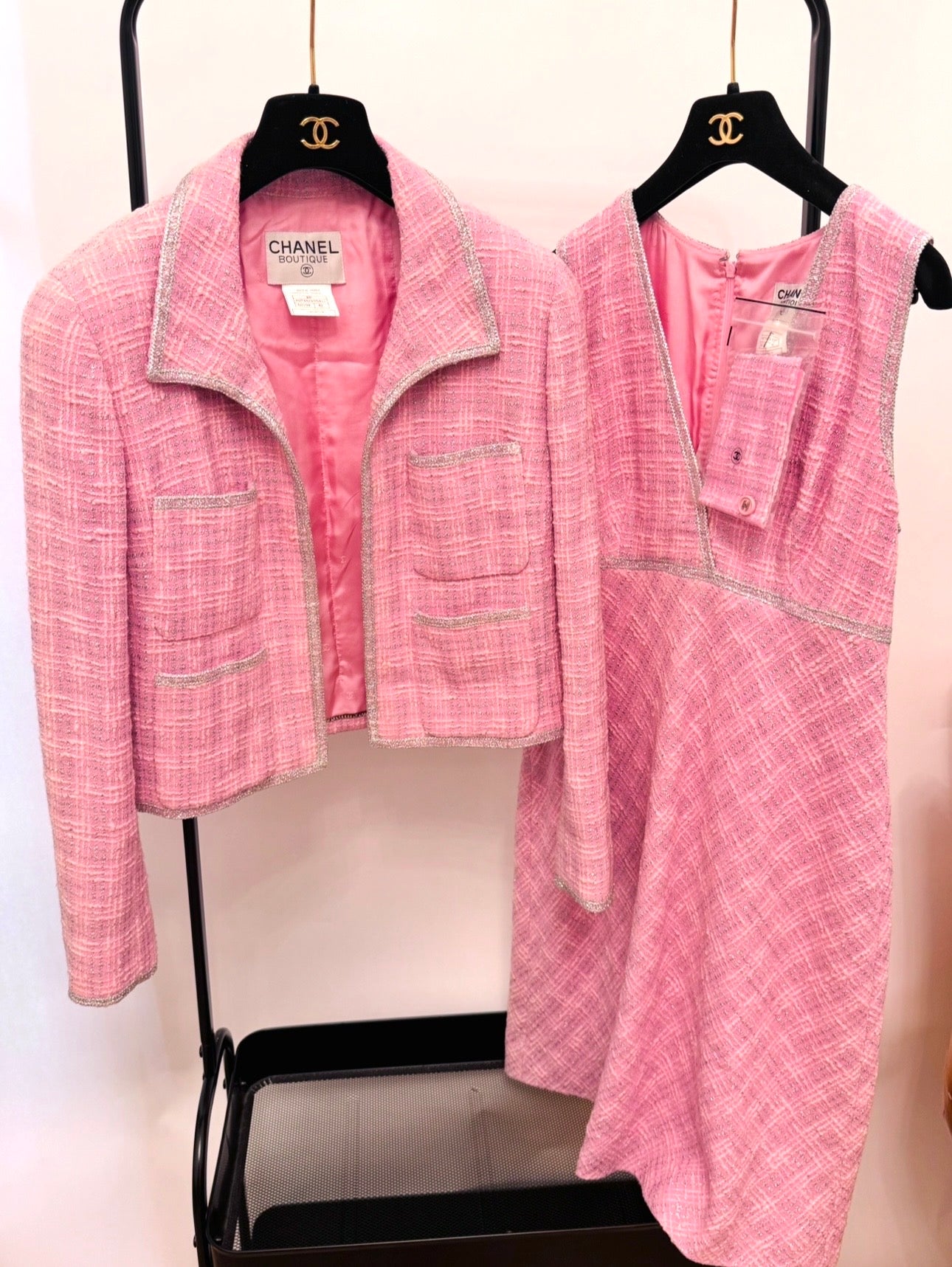 CHANEL Spring/ Summer 1997 Fantasy Tweed Sparkling Barbie Pink Jacket & Dress Ensemble - Never Worn - Karl Lagerfeld Archive