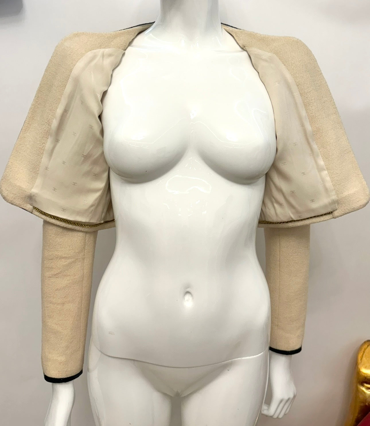 CHANEL Spring/Summer 1995 Barbie Collection Ivory Cropped Jacket – Iconic Black Patent Trim & Candy CC Buttons by Karl Lagerfeld