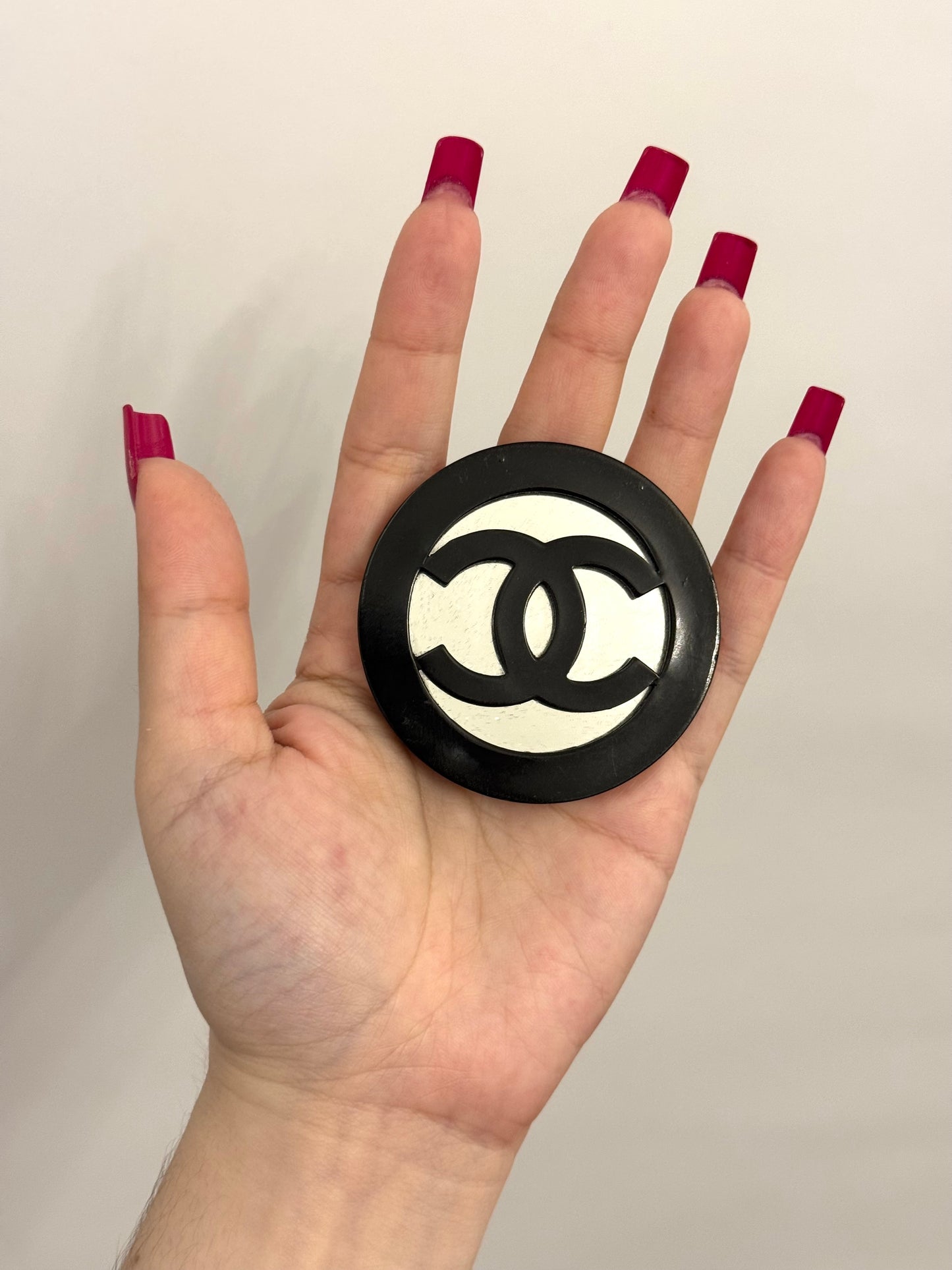 Museum-Worthy CHANEL Spring/Summer 1991 Oversized Mirror & Black Resin CC Brooch — Karl Lagerfeld Runway Archive Piece