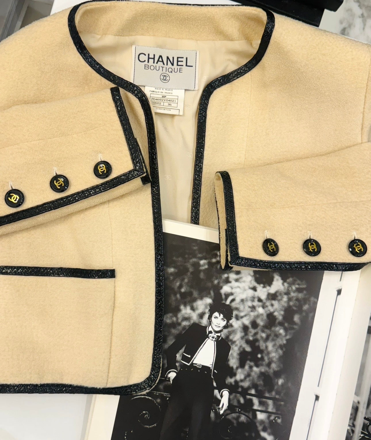 CHANEL Spring/Summer 1995 Barbie Collection Ivory Cropped Jacket – Iconic Black Patent Trim & Candy CC Buttons by Karl Lagerfeld