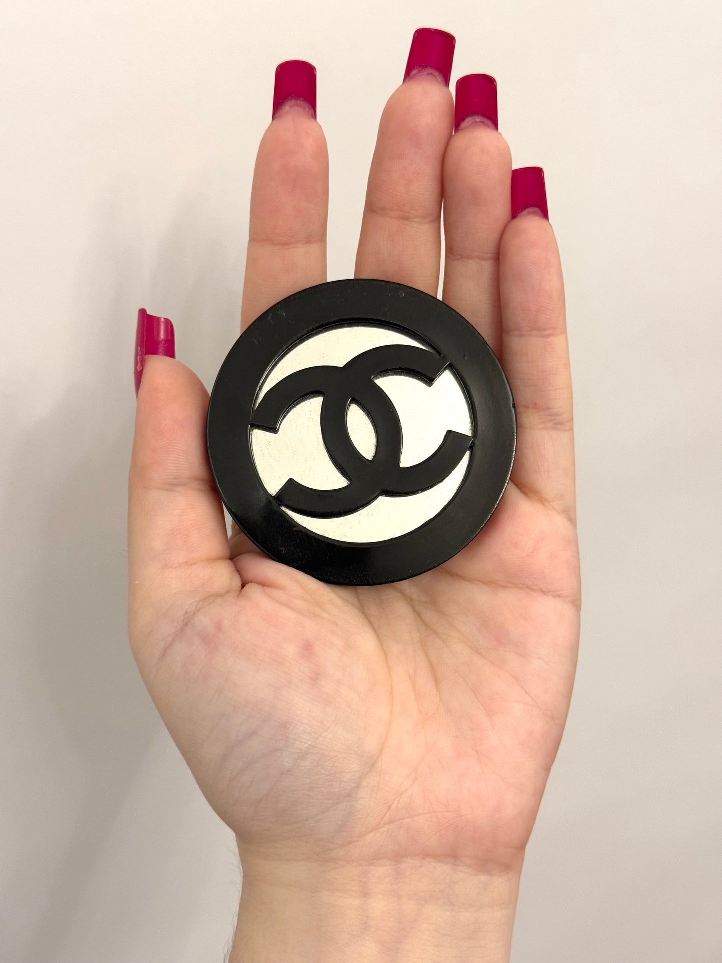 Museum-Worthy CHANEL Spring/Summer 1991 Oversized Mirror & Black Resin CC Brooch — Karl Lagerfeld Runway Archive Piece