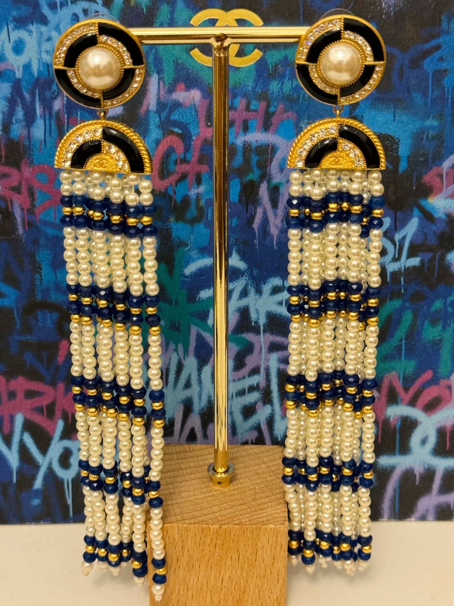 CHANEL Métiers d’Art Paris–New York 2019 “Egyptian” Lapis Lazuli & Pearl Chandelier Earrings by Karl Lagerfeld – Runway & Book Cover