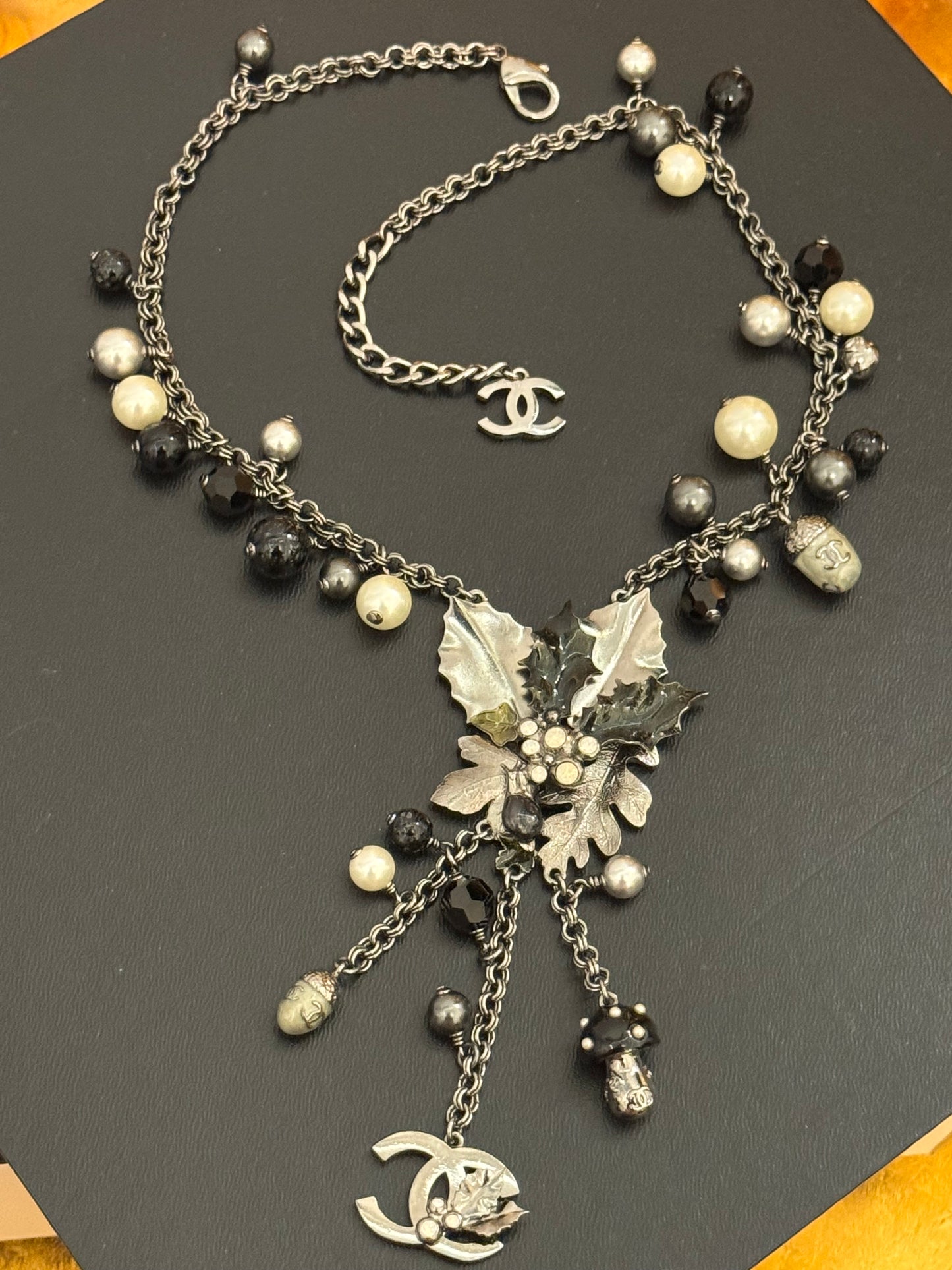 Museum-Worthy CHANEL Fall/Winter 2005 Runway Woodland Necklace by Karl Lagerfeld - Holly Leaves, Acorns, Mushroom & CC Charm Statement Collector's Archive Piece