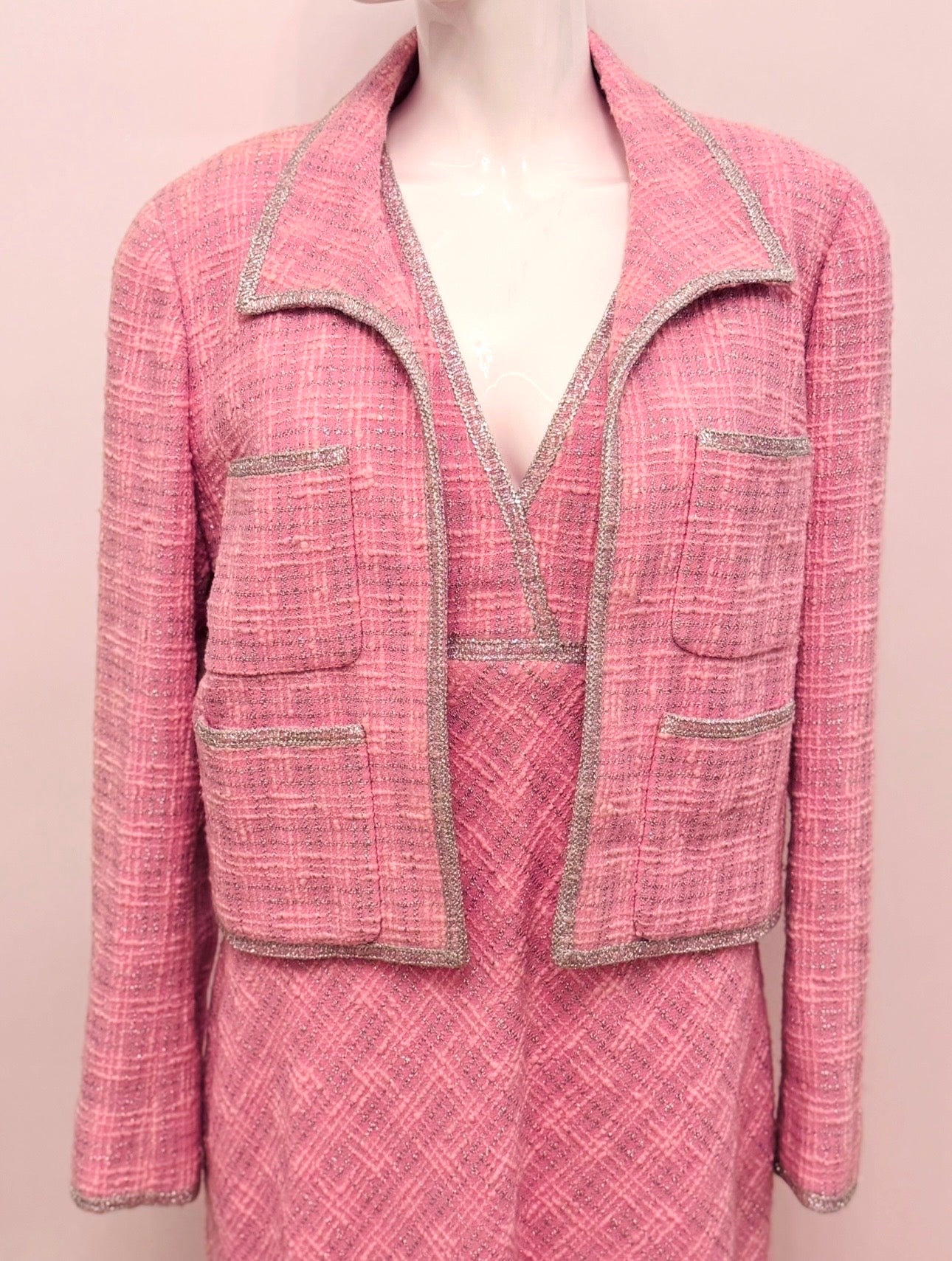 CHANEL Spring/ Summer 1997 Fantasy Tweed Sparkling Barbie Pink Jacket & Dress Ensemble - Never Worn - Karl Lagerfeld Archive