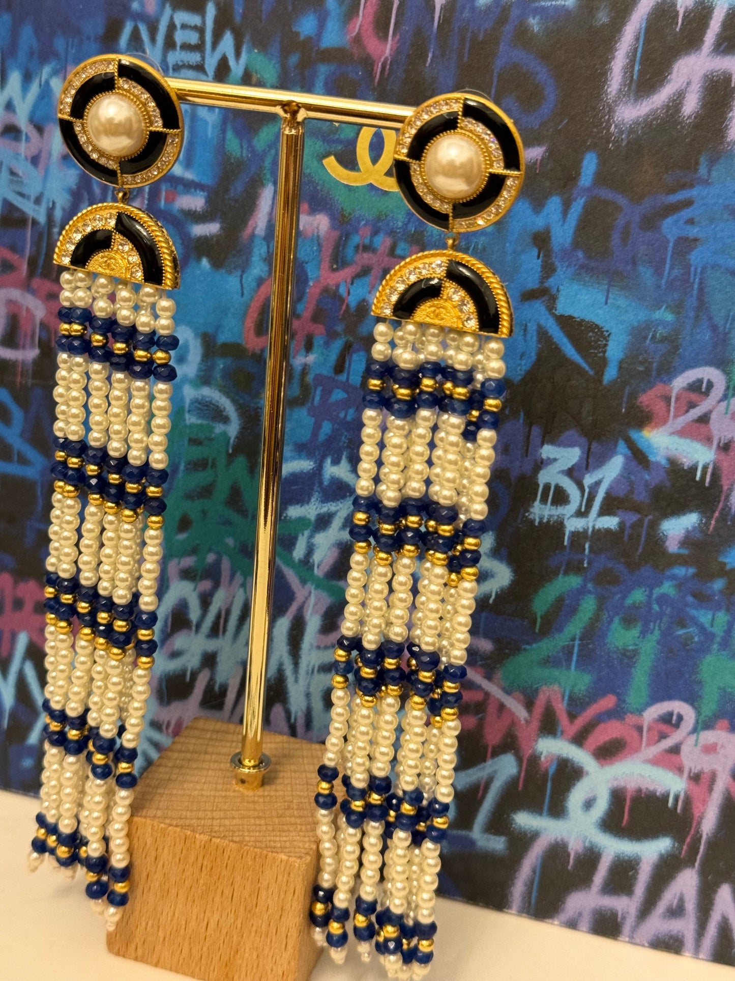 CHANEL Métiers d’Art Paris–New York 2019 “Egyptian” Lapis Lazuli & Pearl Chandelier Earrings by Karl Lagerfeld – Runway & Book Cover