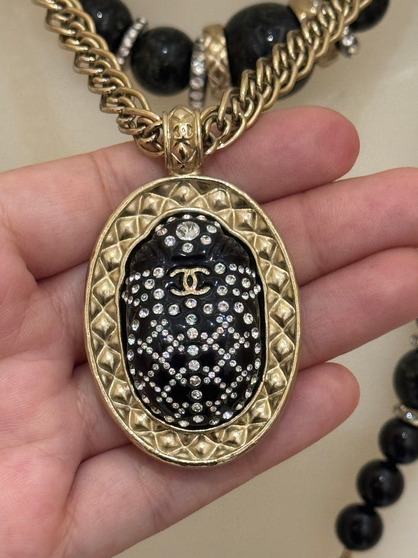 Museum-Worthy CHANEL Métiers d'Art Paris-New York 2019 Egyptian Scarab & Hieroglyph Layered Plastron Necklace from Karl Lagerfeld's Final Métiers d'Art Collection