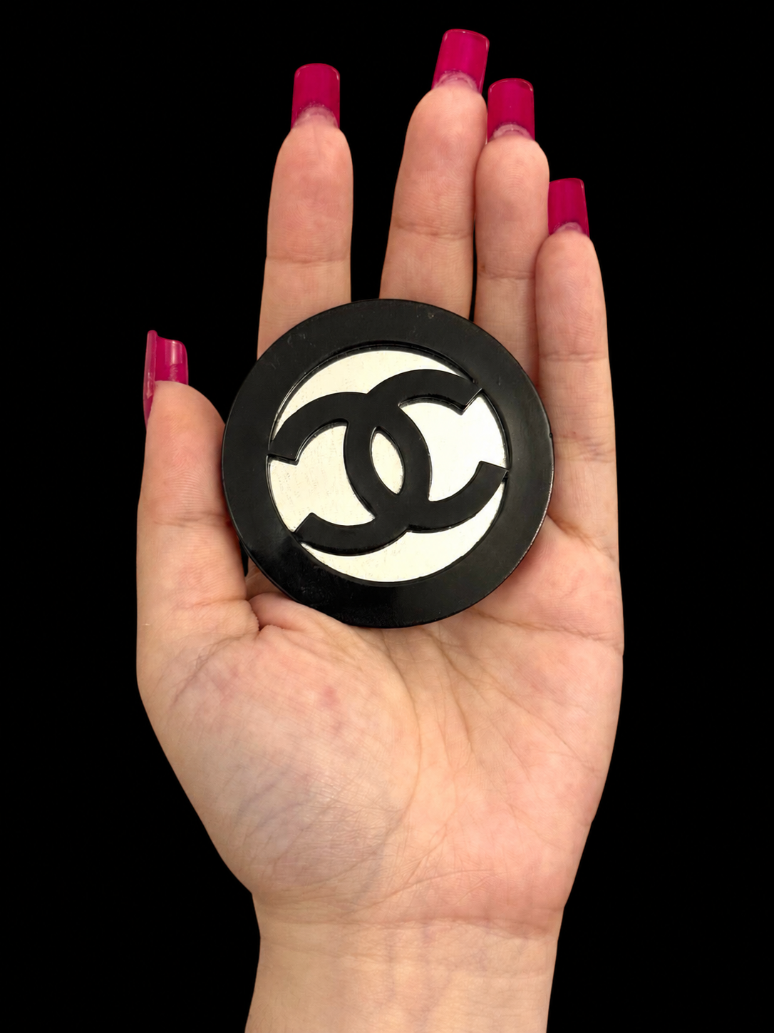 Museum-Worthy CHANEL Spring/Summer 1991 Oversized Mirror & Black Resin CC Brooch — Karl Lagerfeld Runway Archive Piece