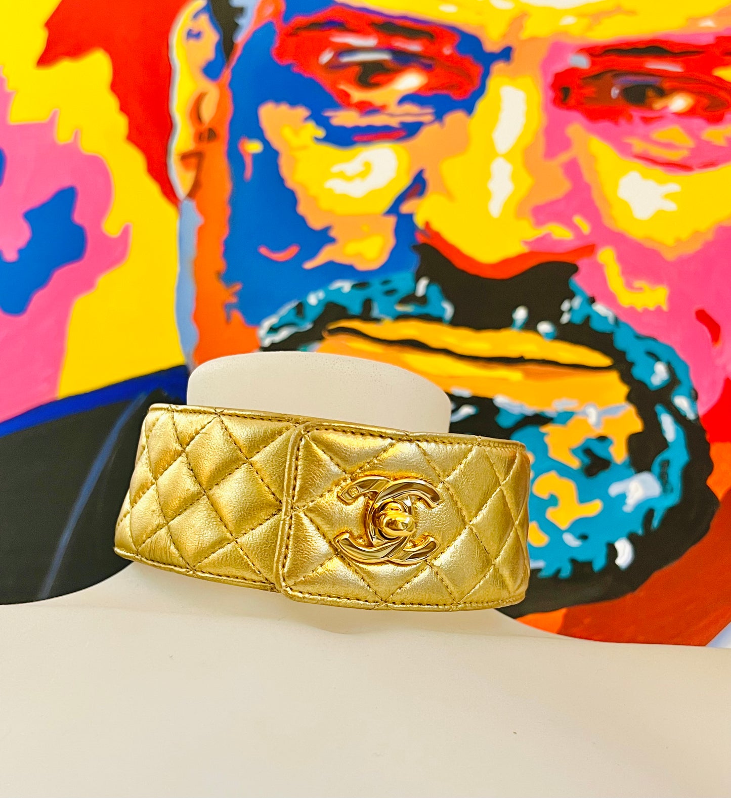 CHANEL Fall/Winter 1991 "Hip-Hop" Gold Quilted Leather Turnlock Choker Necklace by Karl Lagerfeld - Iconic Runway Archive Piece