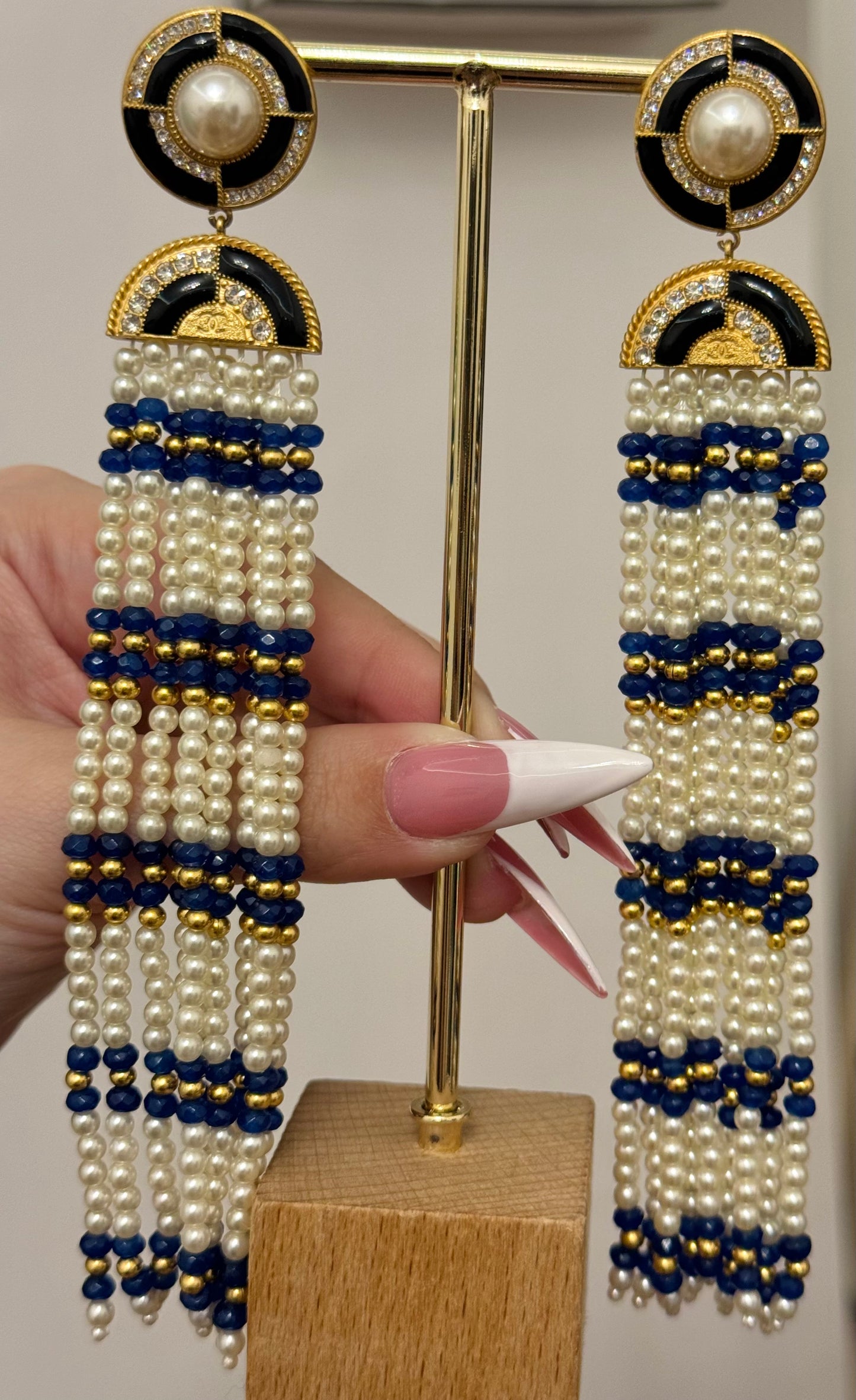 CHANEL Métiers d’Art Paris–New York 2019 “Egyptian” Lapis Lazuli & Pearl Chandelier Earrings by Karl Lagerfeld – Runway & Book Cover