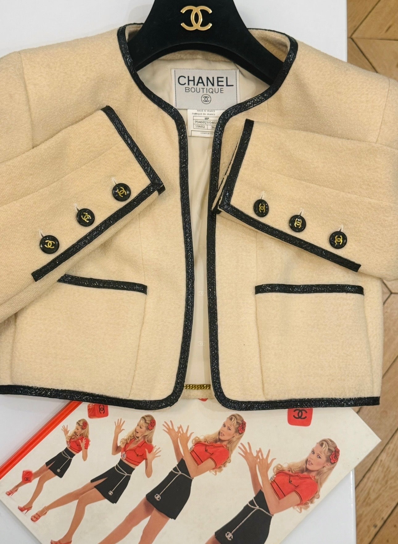 CHANEL Spring/Summer 1995 Barbie Collection Ivory Cropped Jacket – Iconic Black Patent Trim & Candy CC Buttons by Karl Lagerfeld