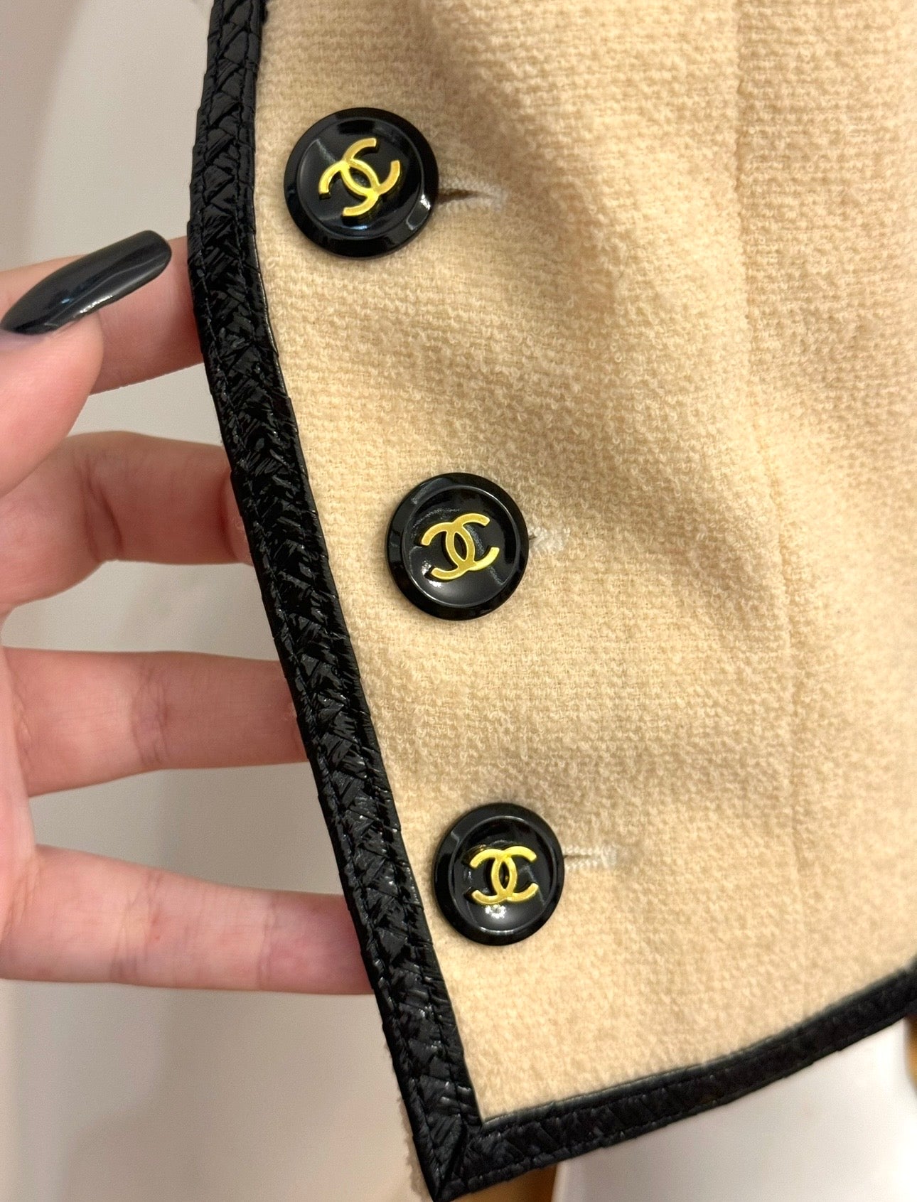 CHANEL Spring/Summer 1995 Barbie Collection Ivory Cropped Jacket – Iconic Black Patent Trim & Candy CC Buttons by Karl Lagerfeld