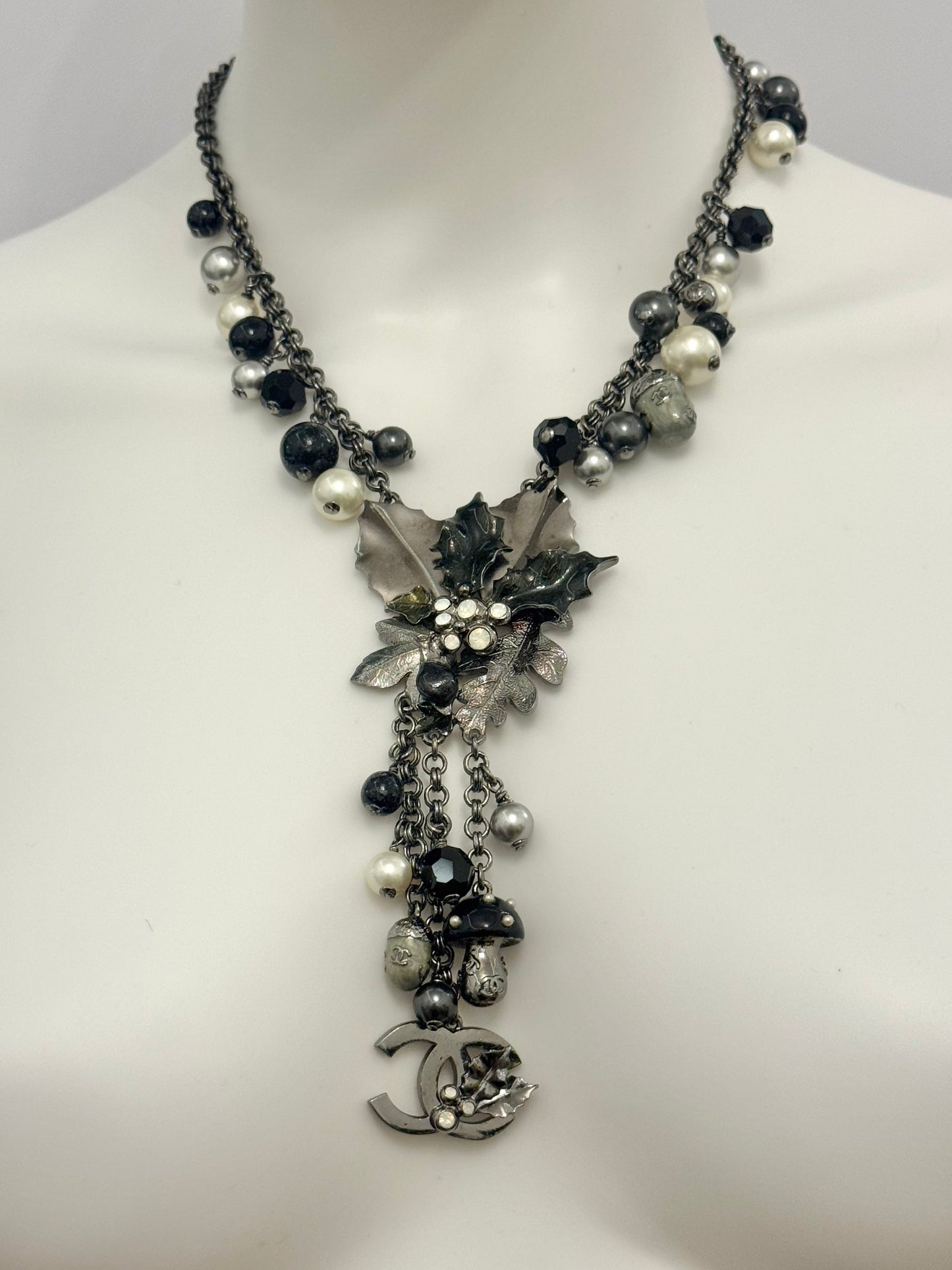 Museum-Worthy CHANEL Fall/Winter 2005 Runway Woodland Necklace by Karl Lagerfeld - Holly Leaves, Acorns, Mushroom & CC Charm Statement Collector's Archive Piece