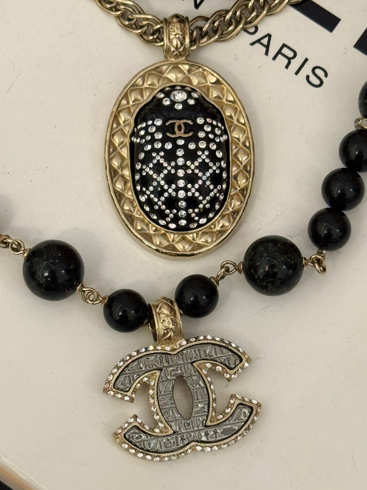 Museum-Worthy CHANEL Métiers d'Art Paris-New York 2019 Egyptian Scarab & Hieroglyph Layered Plastron Necklace from Karl Lagerfeld's Final Métiers d'Art Collection
