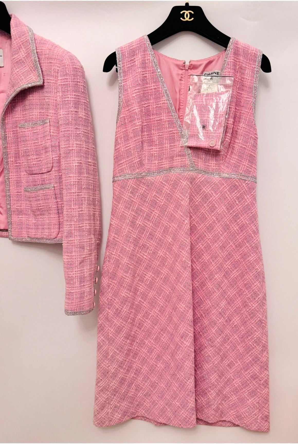 CHANEL Spring/ Summer 1997 Fantasy Tweed Sparkling Barbie Pink Jacket & Dress Ensemble - Never Worn - Karl Lagerfeld Archive