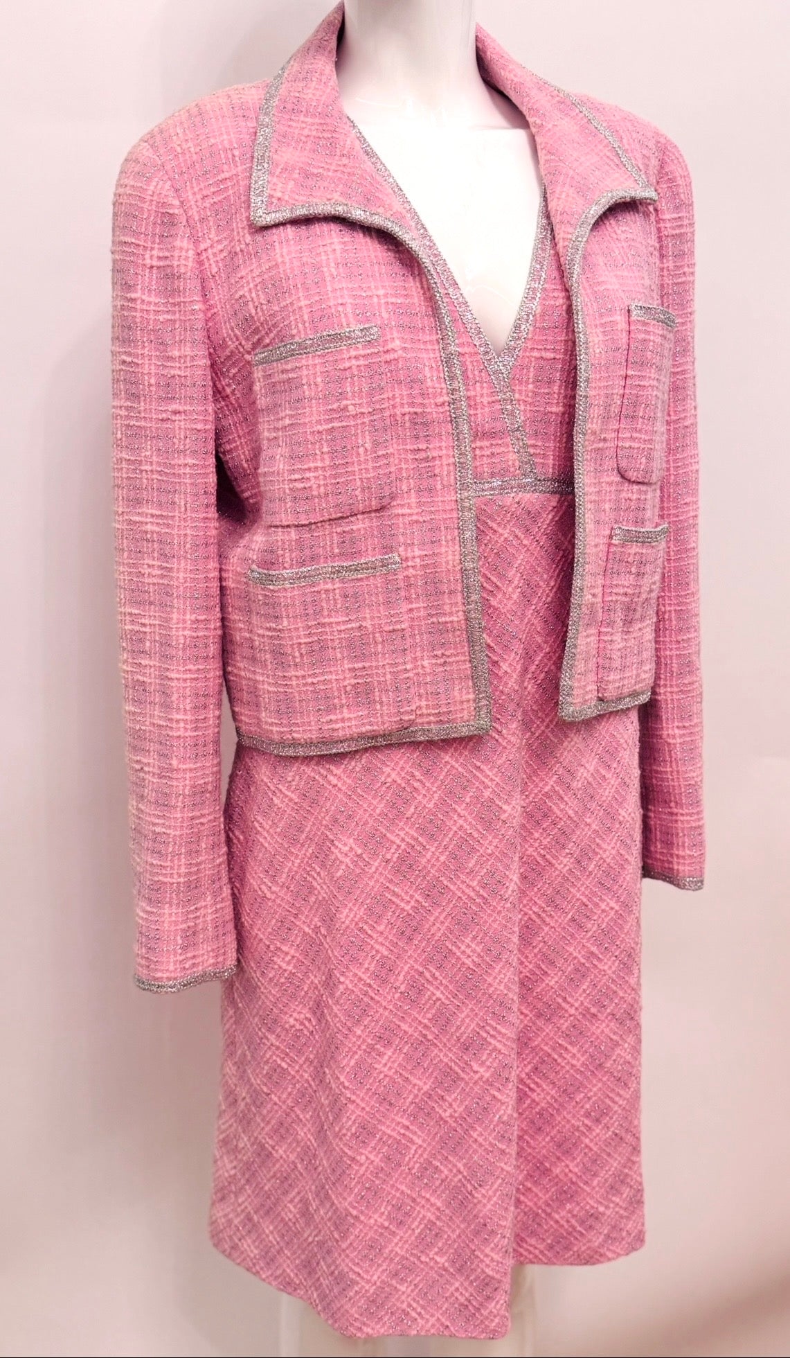 CHANEL Spring/ Summer 1997 Fantasy Tweed Sparkling Barbie Pink Jacket & Dress Ensemble - Never Worn - Karl Lagerfeld Archive