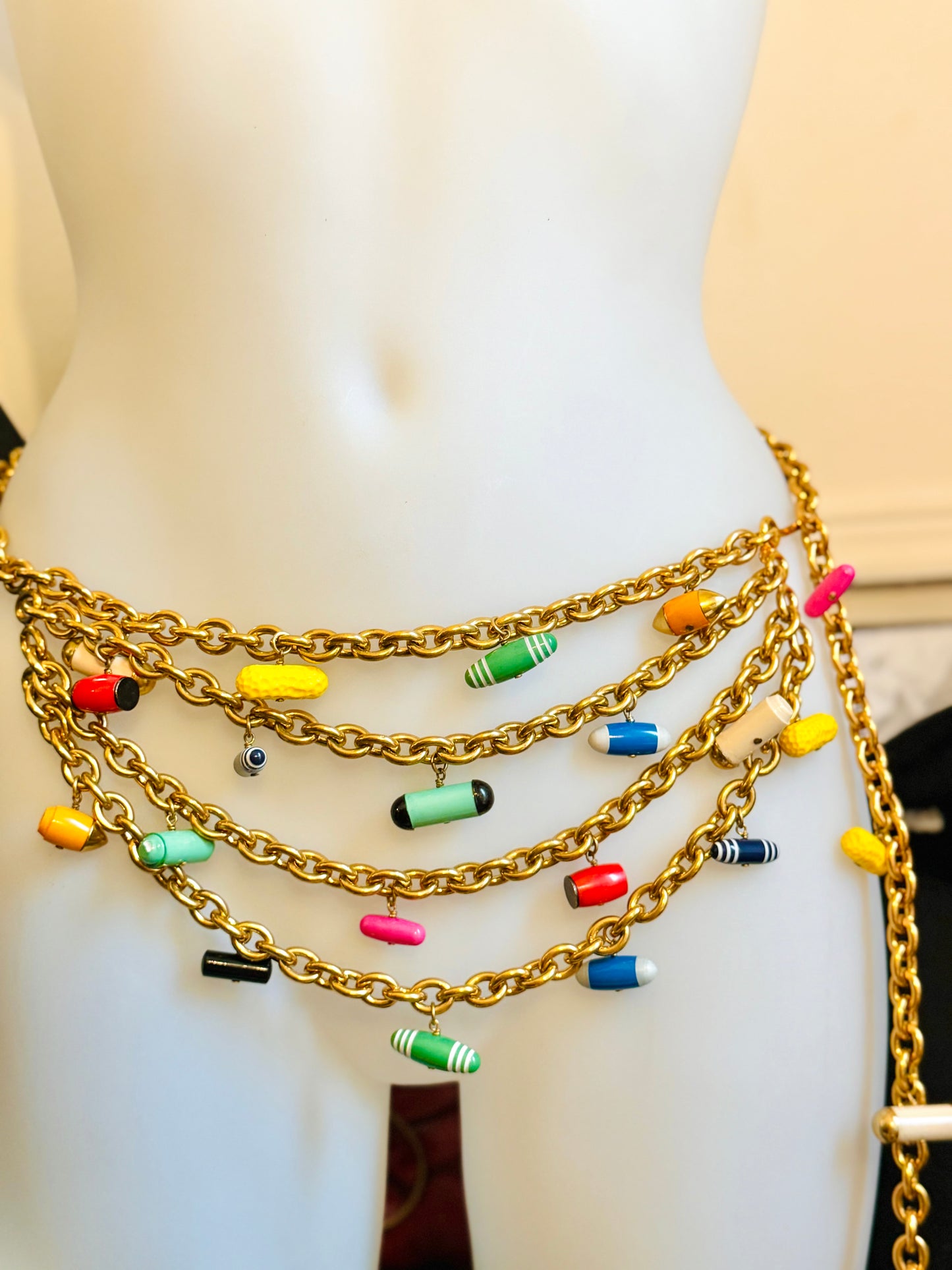 Museum-Worthy CHANEL Spring-Summer 1992 runway 24k gold plated Multicolor "Pill" Chain Belt