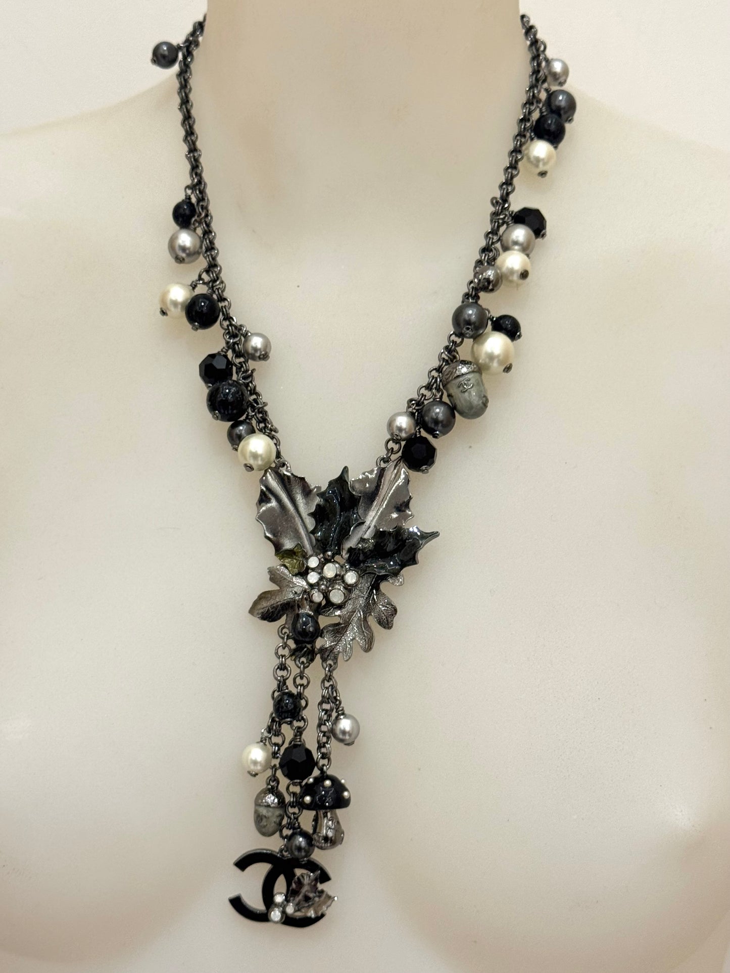 Museum-Worthy CHANEL Fall/Winter 2005 Runway Woodland Necklace by Karl Lagerfeld - Holly Leaves, Acorns, Mushroom & CC Charm Statement Collector's Archive Piece