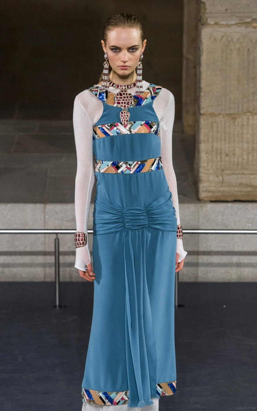 CHANEL Métiers d’Art Paris–New York 2019 “Egyptian” Lapis Lazuli & Pearl Chandelier Earrings by Karl Lagerfeld – Runway & Book Cover