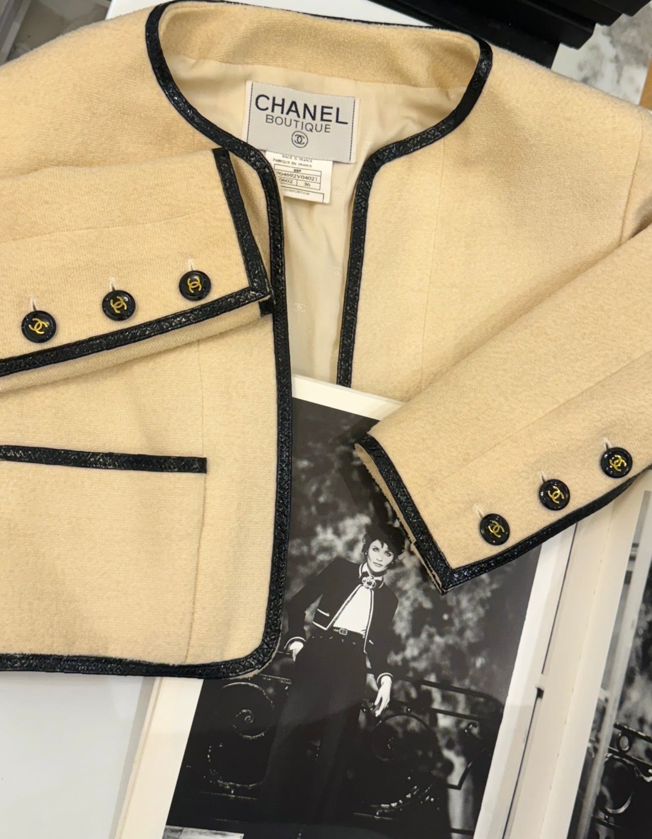 CHANEL Spring/Summer 1995 Barbie Collection Ivory Cropped Jacket – Iconic Black Patent Trim & Candy CC Buttons by Karl Lagerfeld