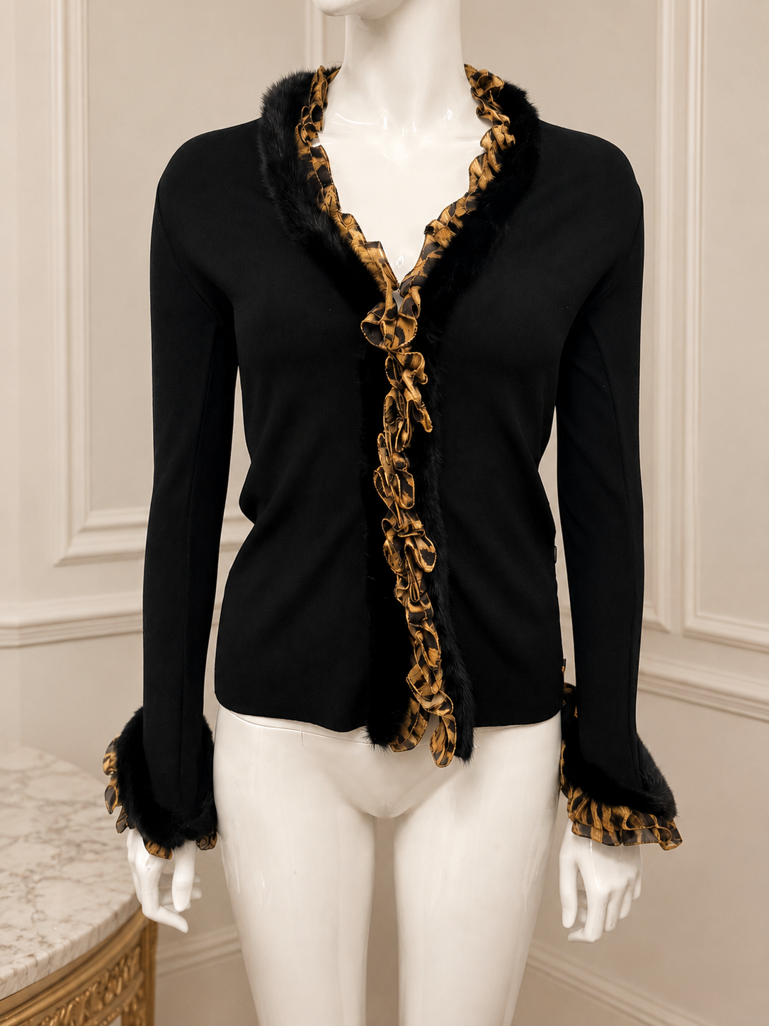 Roberto Cavalli F/W 2005 Black knit cardigan with Mink Fur & Léopard Silk Ruffle Trim