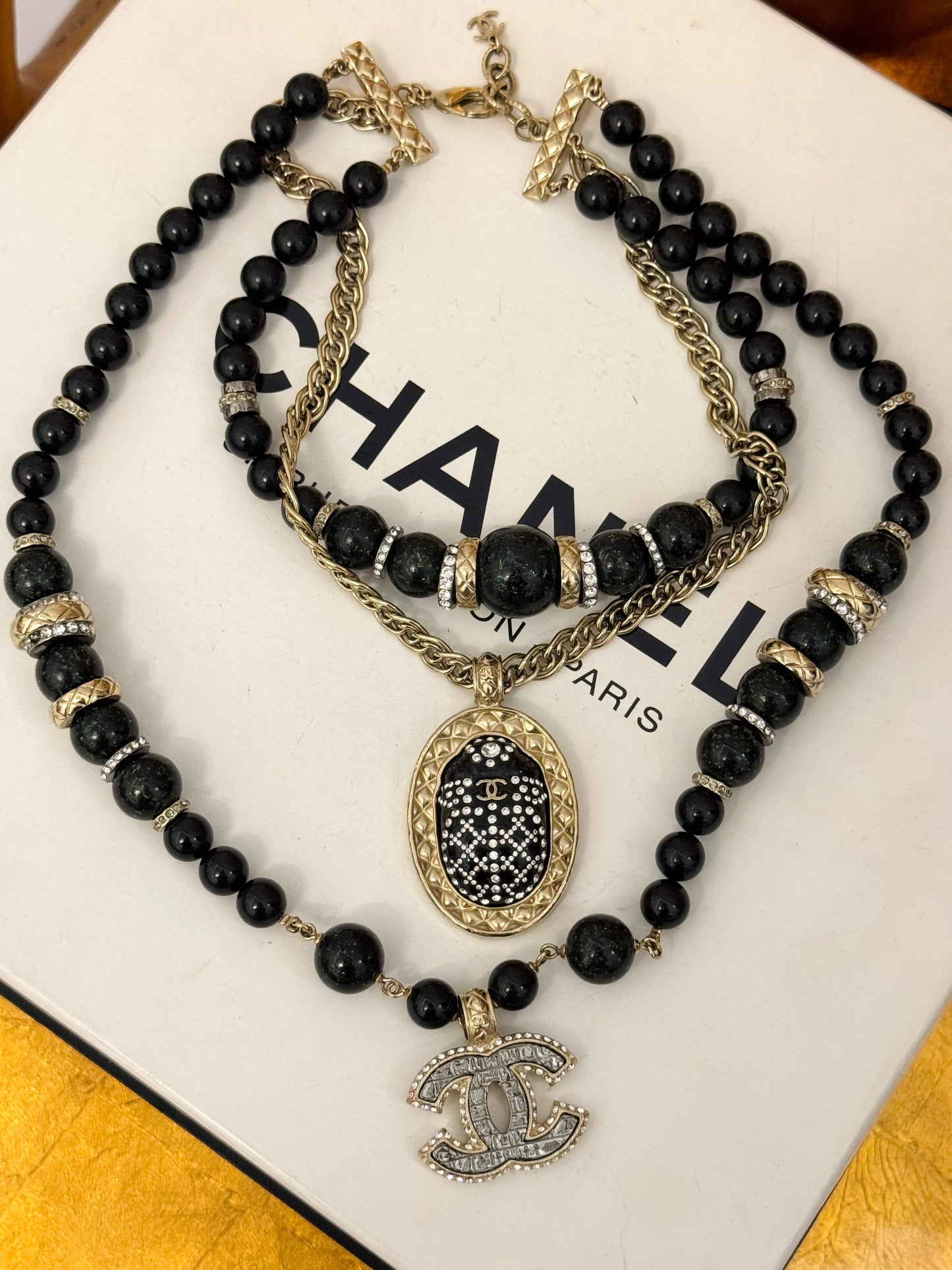 Museum-Worthy CHANEL Métiers d'Art Paris-New York 2019 Egyptian Scarab & Hieroglyph Layered Plastron Necklace from Karl Lagerfeld's Final Métiers d'Art Collection