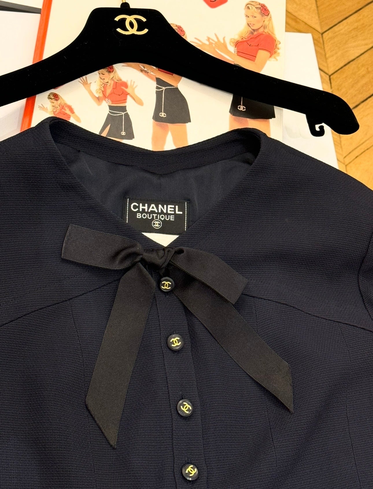 CHANEL Spring/Summer 1995 « Barbie » Collection Navy Blue Bow Jacket - Candy CC Buttons - Karl Lagerfeld Archive