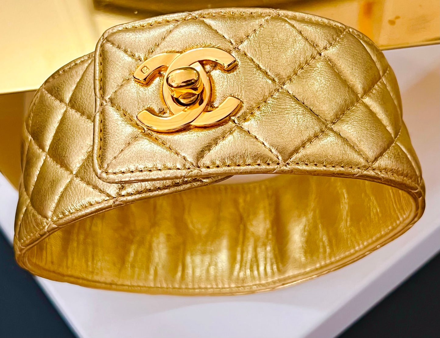 CHANEL Fall/Winter 1991 "Hip-Hop" Gold Quilted Leather Turnlock Choker Necklace by Karl Lagerfeld - Iconic Runway Archive Piece