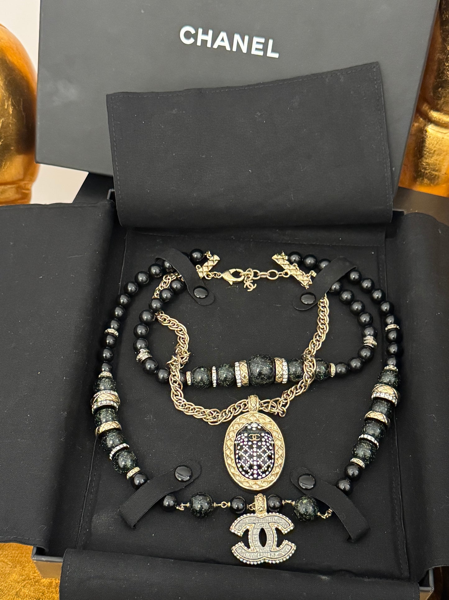Museum-Worthy CHANEL Métiers d'Art Paris-New York 2019 Egyptian Scarab & Hieroglyph Layered Plastron Necklace from Karl Lagerfeld's Final Métiers d'Art Collection