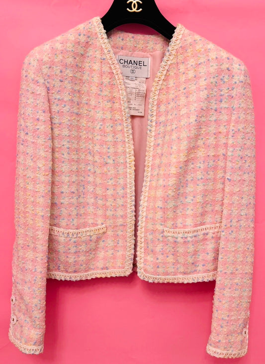 CHANEL Spring Summer 1994
Pastel Popcorn Tweed Scoubidou Jacket by Karl Lagerfeld - Rare Runway Piece - Seen on Elle
Fanning