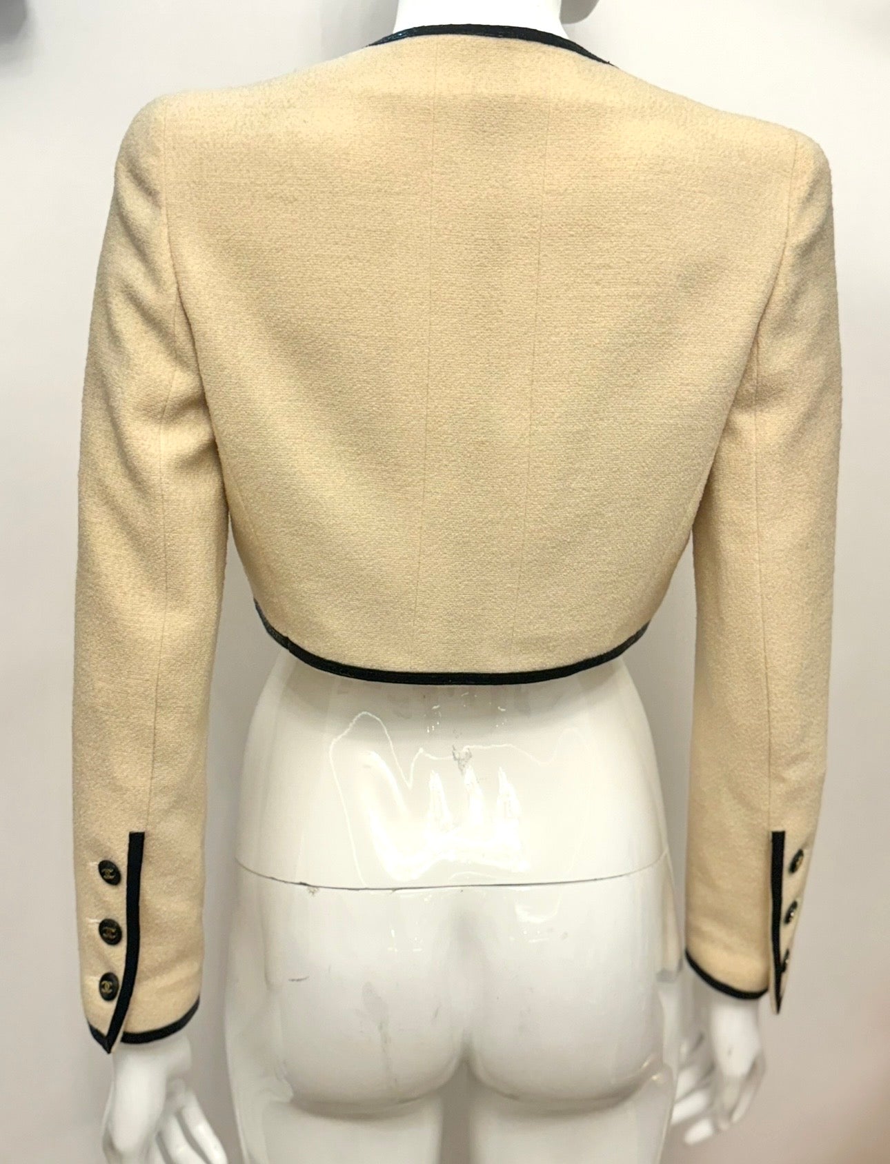 CHANEL Spring/Summer 1995 Barbie Collection Ivory Cropped Jacket – Iconic Black Patent Trim & Candy CC Buttons by Karl Lagerfeld