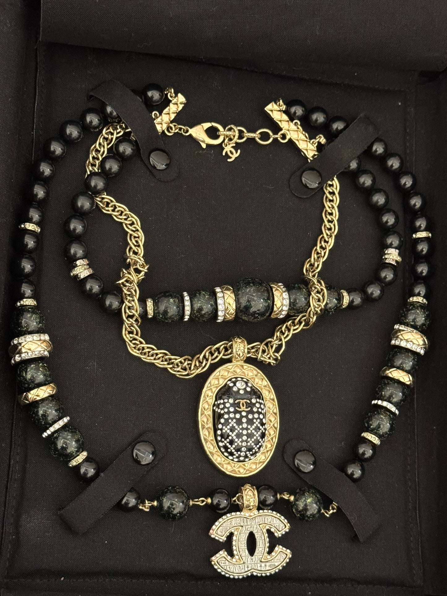 Museum-Worthy CHANEL Métiers d'Art Paris-New York 2019 Egyptian Scarab & Hieroglyph Layered Plastron Necklace from Karl Lagerfeld's Final Métiers d'Art Collection