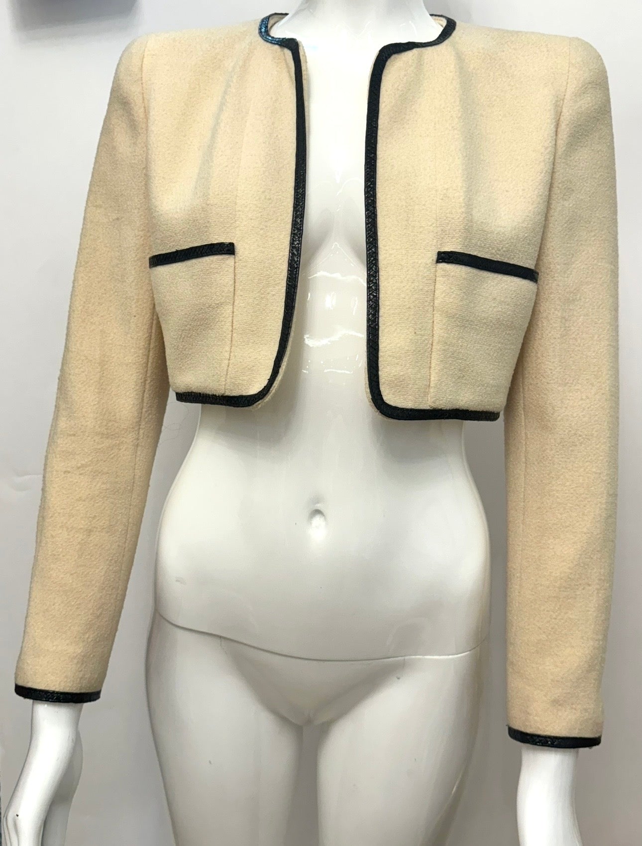 CHANEL Spring/Summer 1995 Barbie Collection Ivory Cropped Jacket – Iconic Black Patent Trim & Candy CC Buttons by Karl Lagerfeld