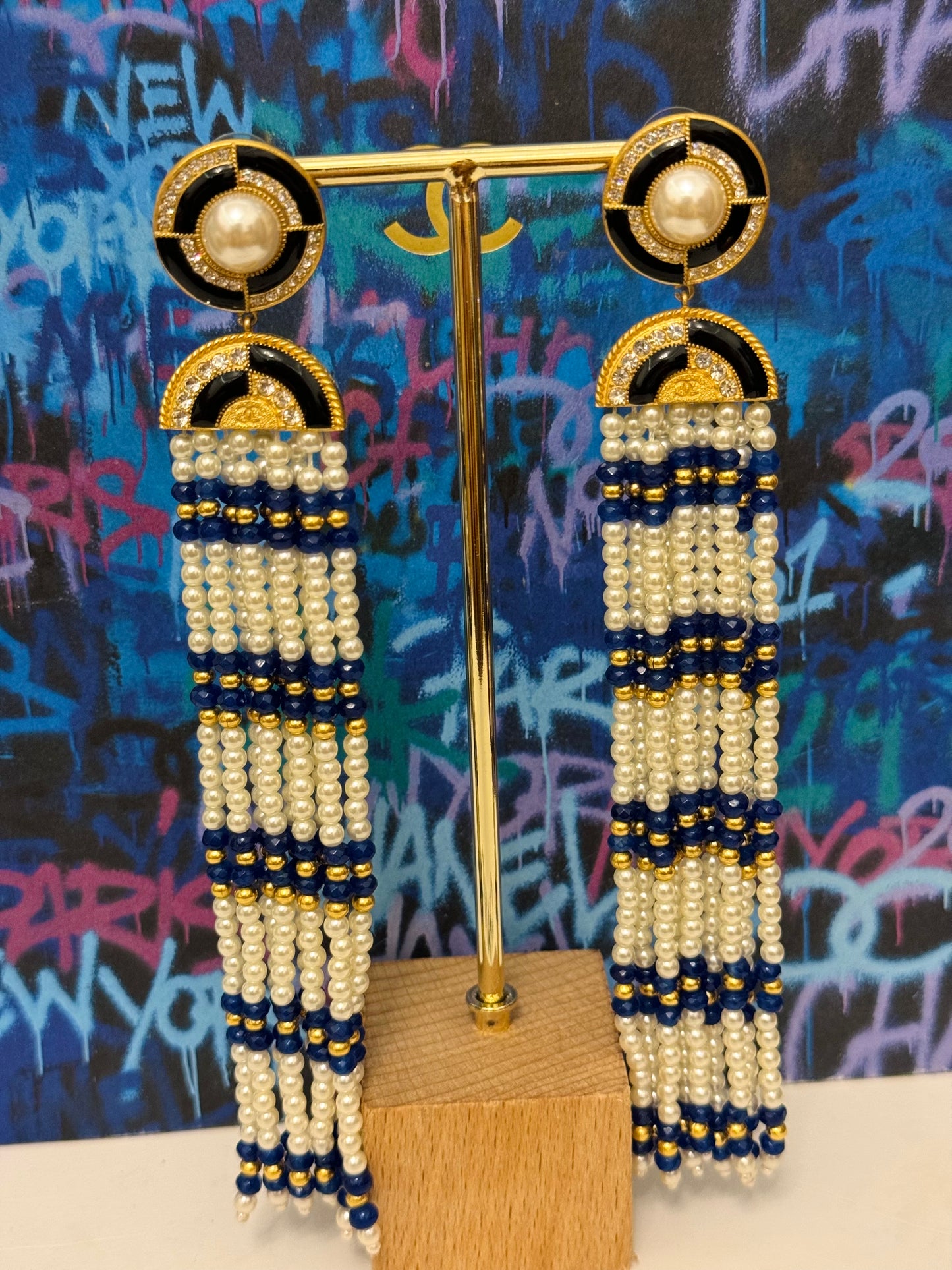 CHANEL Métiers d’Art Paris–New York 2019 “Egyptian” Lapis Lazuli & Pearl Chandelier Earrings by Karl Lagerfeld – Runway & Book Cover