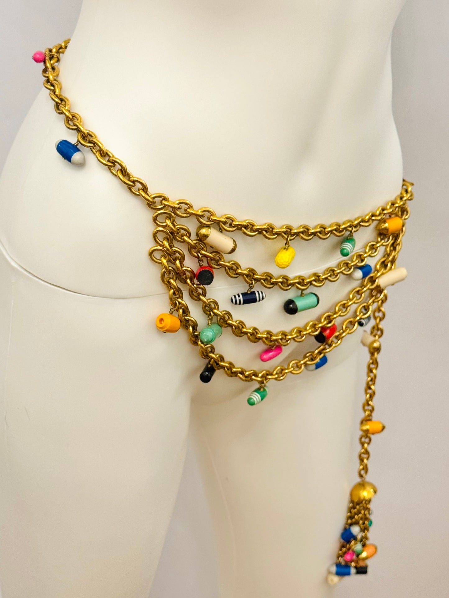 Museum-Worthy CHANEL Spring-Summer 1992 runway 24k gold plated Multicolor "Pill" Chain Belt