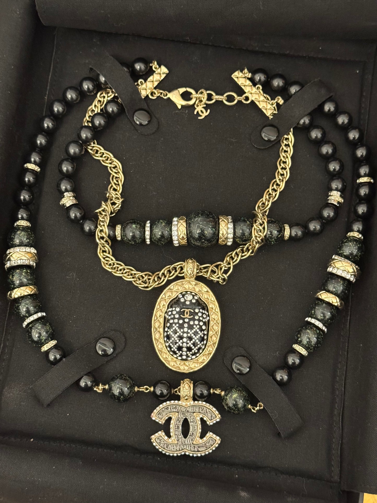 Museum-Worthy CHANEL Métiers d'Art Paris-New York 2019 Egyptian Scarab & Hieroglyph Layered Plastron Necklace from Karl Lagerfeld's Final Métiers d'Art Collection