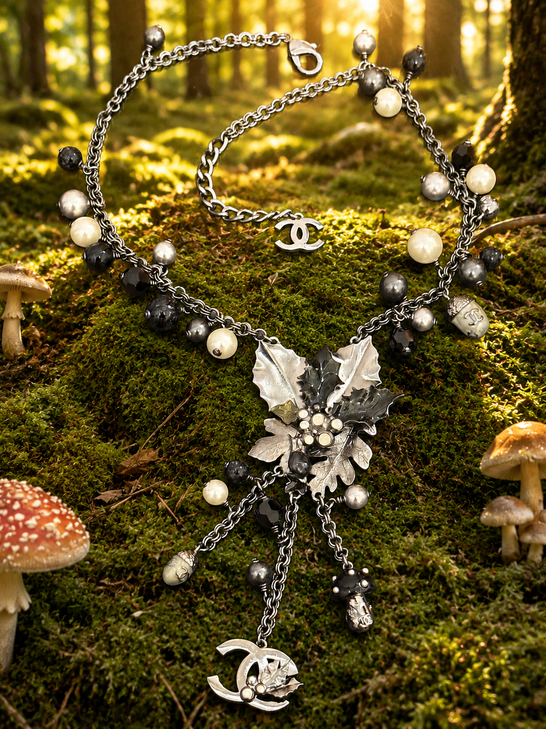 Museum-Worthy CHANEL Fall/Winter 2005 Runway Woodland Necklace by Karl Lagerfeld - Holly Leaves, Acorns, Mushroom & CC Charm Statement Collector's Archive Piece