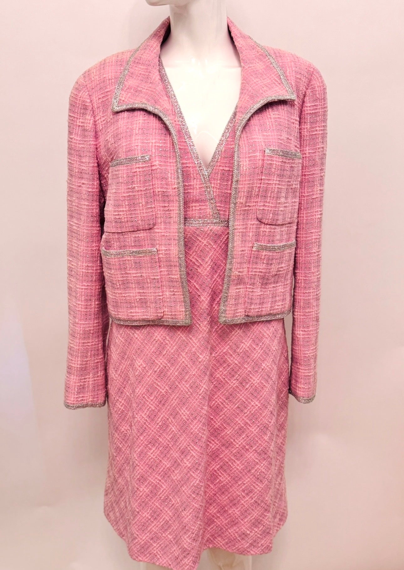 CHANEL Spring/ Summer 1997 Fantasy Tweed Sparkling Barbie Pink Jacket & Dress Ensemble - Never Worn - Karl Lagerfeld Archive