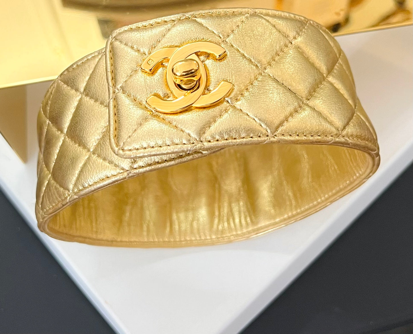 CHANEL Fall/Winter 1991 "Hip-Hop" Gold Quilted Leather Turnlock Choker Necklace by Karl Lagerfeld - Iconic Runway Archive Piece