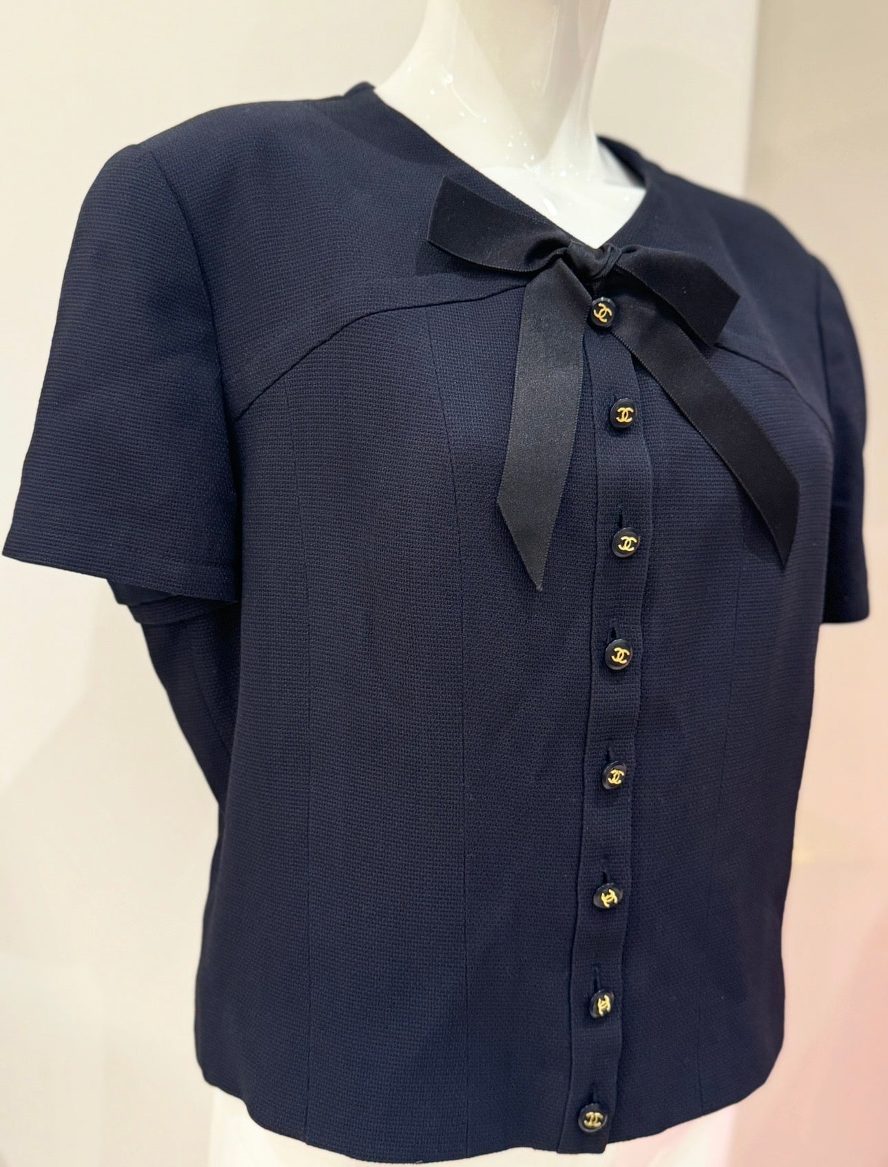 CHANEL Spring/Summer 1995 « Barbie » Collection Navy Blue Bow Jacket - Candy CC Buttons - Karl Lagerfeld Archive