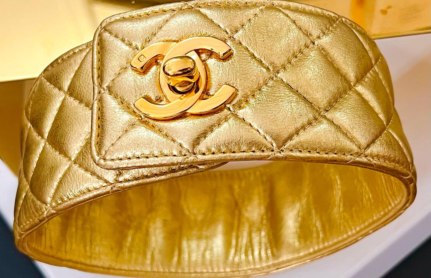 CHANEL Fall/Winter 1991 "Hip-Hop" Gold Quilted Leather Turnlock Choker Necklace by Karl Lagerfeld - Iconic Runway Archive Piece