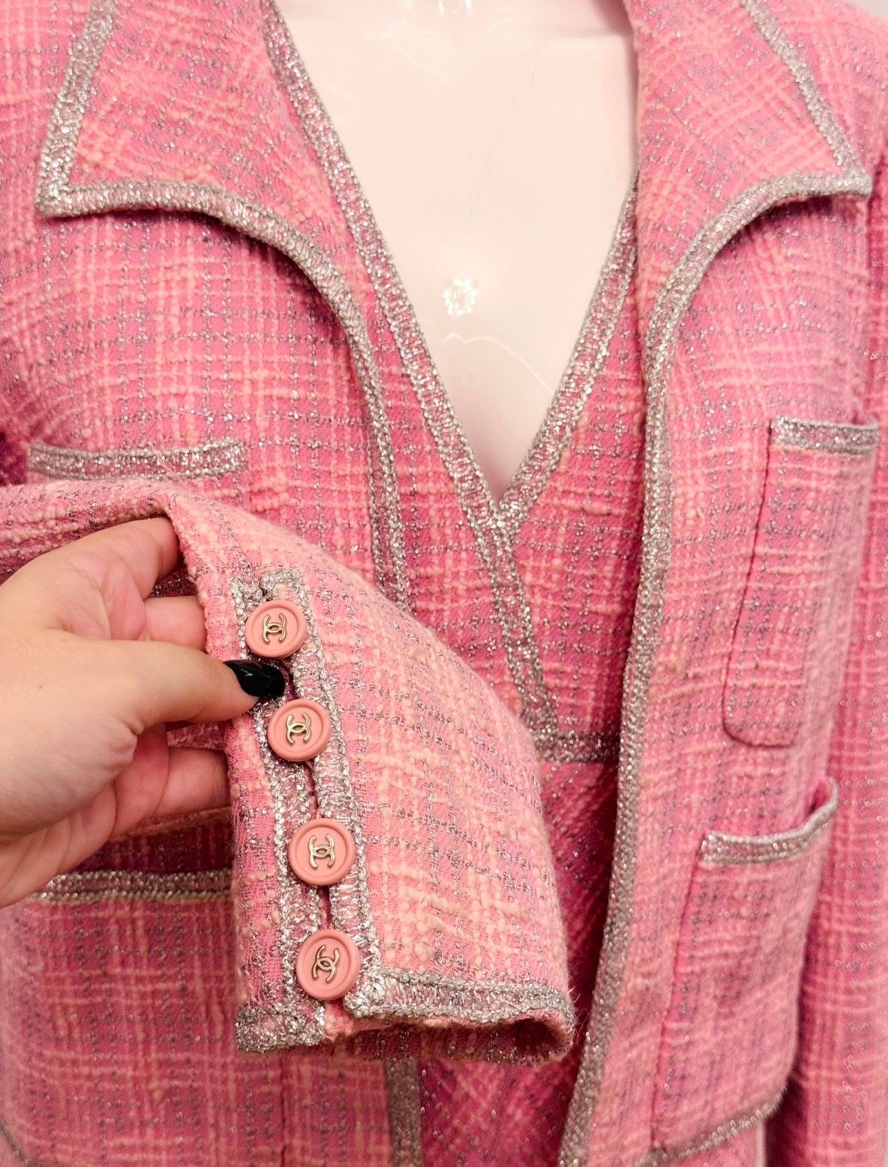 CHANEL Spring/ Summer 1997 Fantasy Tweed Sparkling Barbie Pink Jacket & Dress Ensemble - Never Worn - Karl Lagerfeld Archive