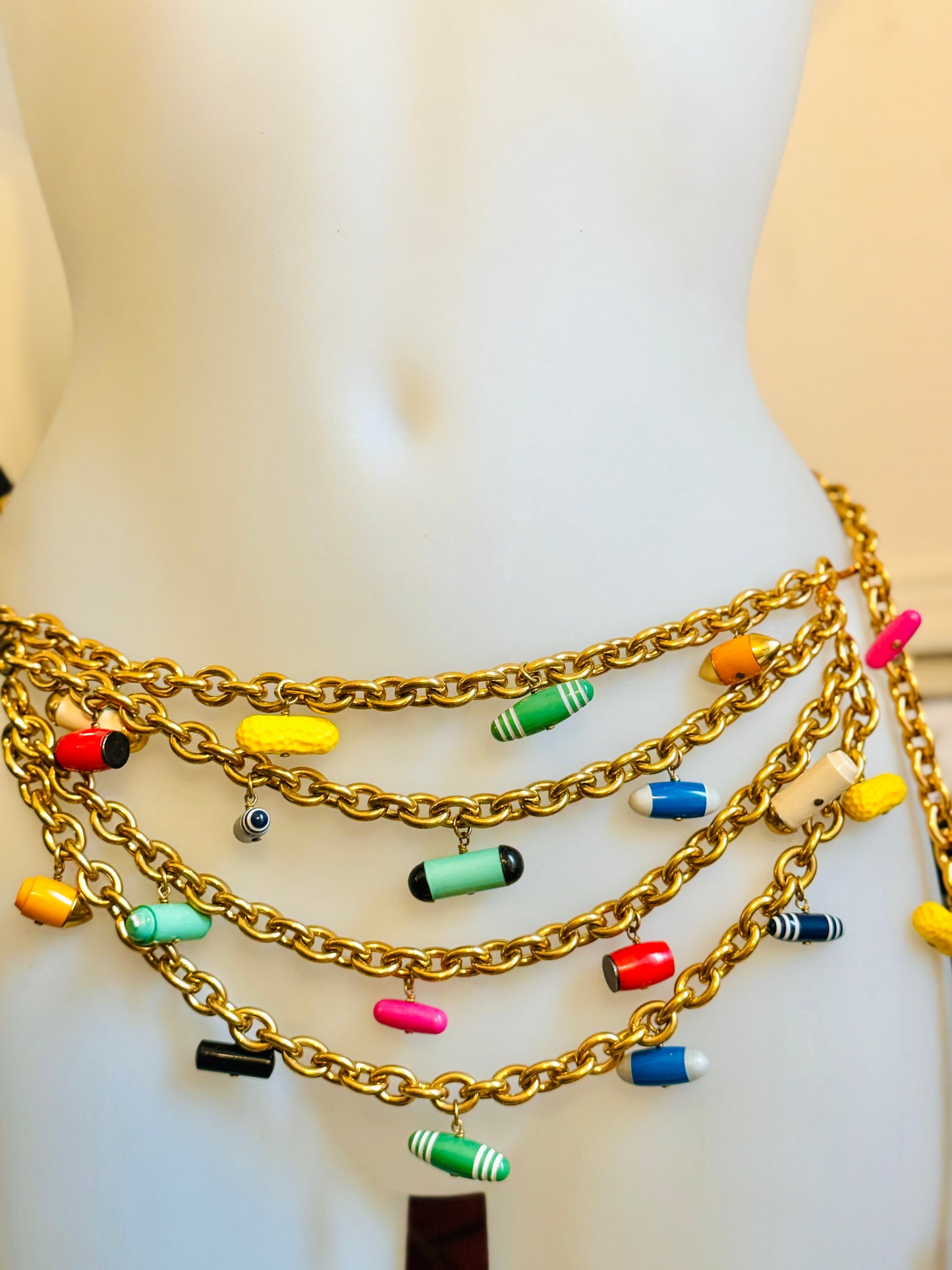 Museum-Worthy CHANEL Spring-Summer 1992 runway 24k gold plated Multicolor "Pill" Chain Belt