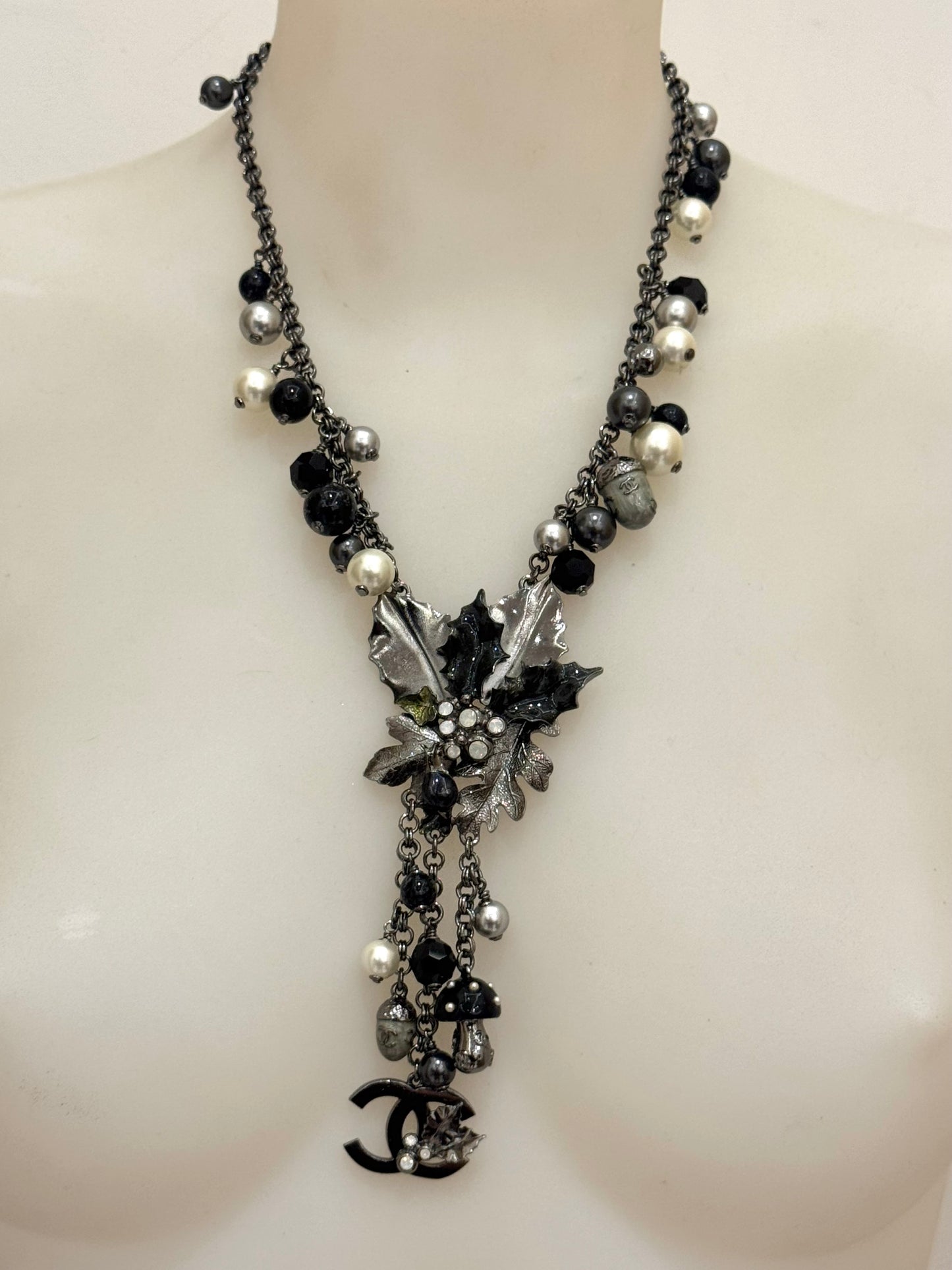 Museum-Worthy CHANEL Fall/Winter 2005 Runway Woodland Necklace by Karl Lagerfeld - Holly Leaves, Acorns, Mushroom & CC Charm Statement Collector's Archive Piece