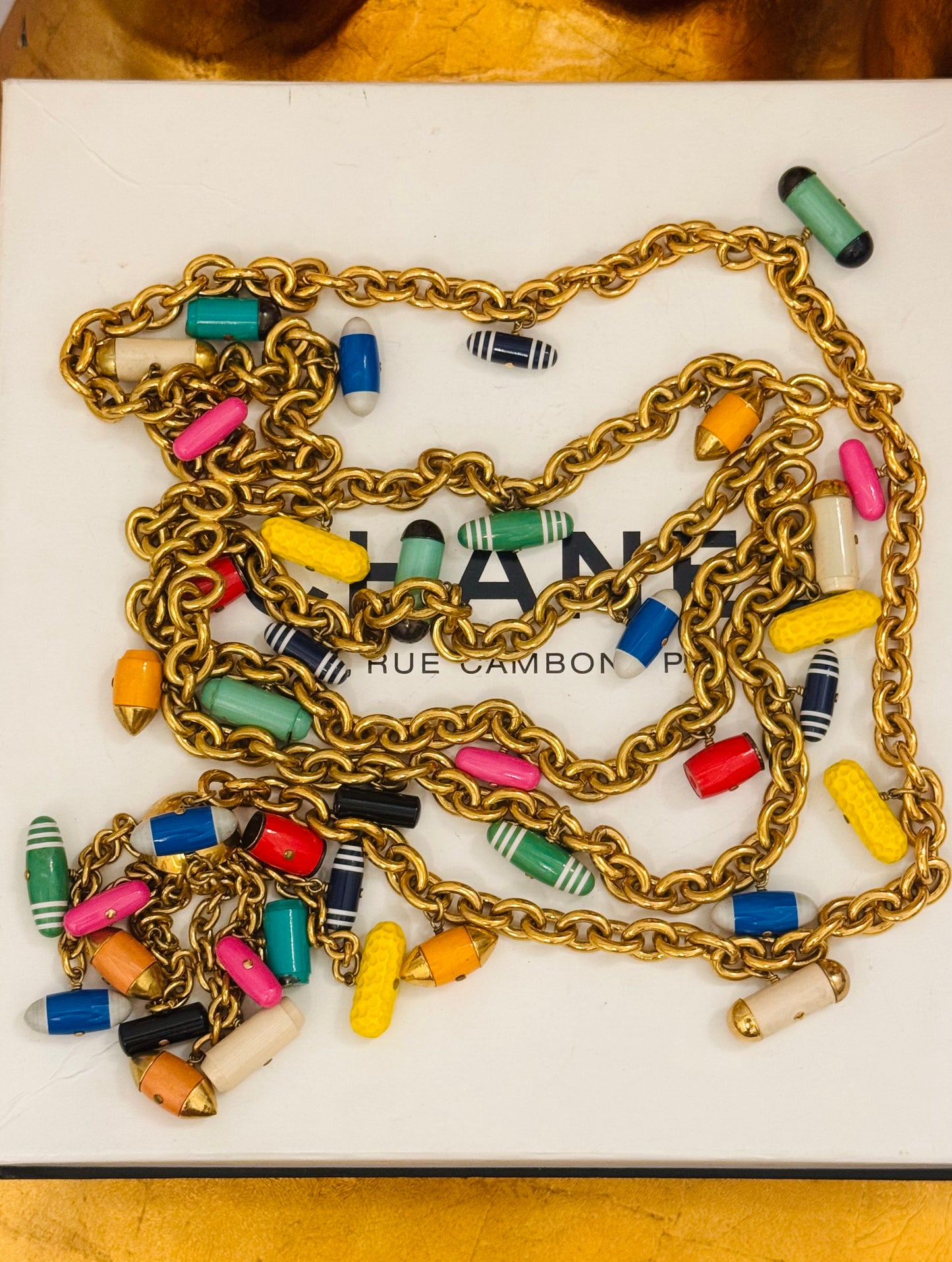 Museum-Worthy CHANEL Spring-Summer 1992 runway 24k gold plated Multicolor "Pill" Chain Belt