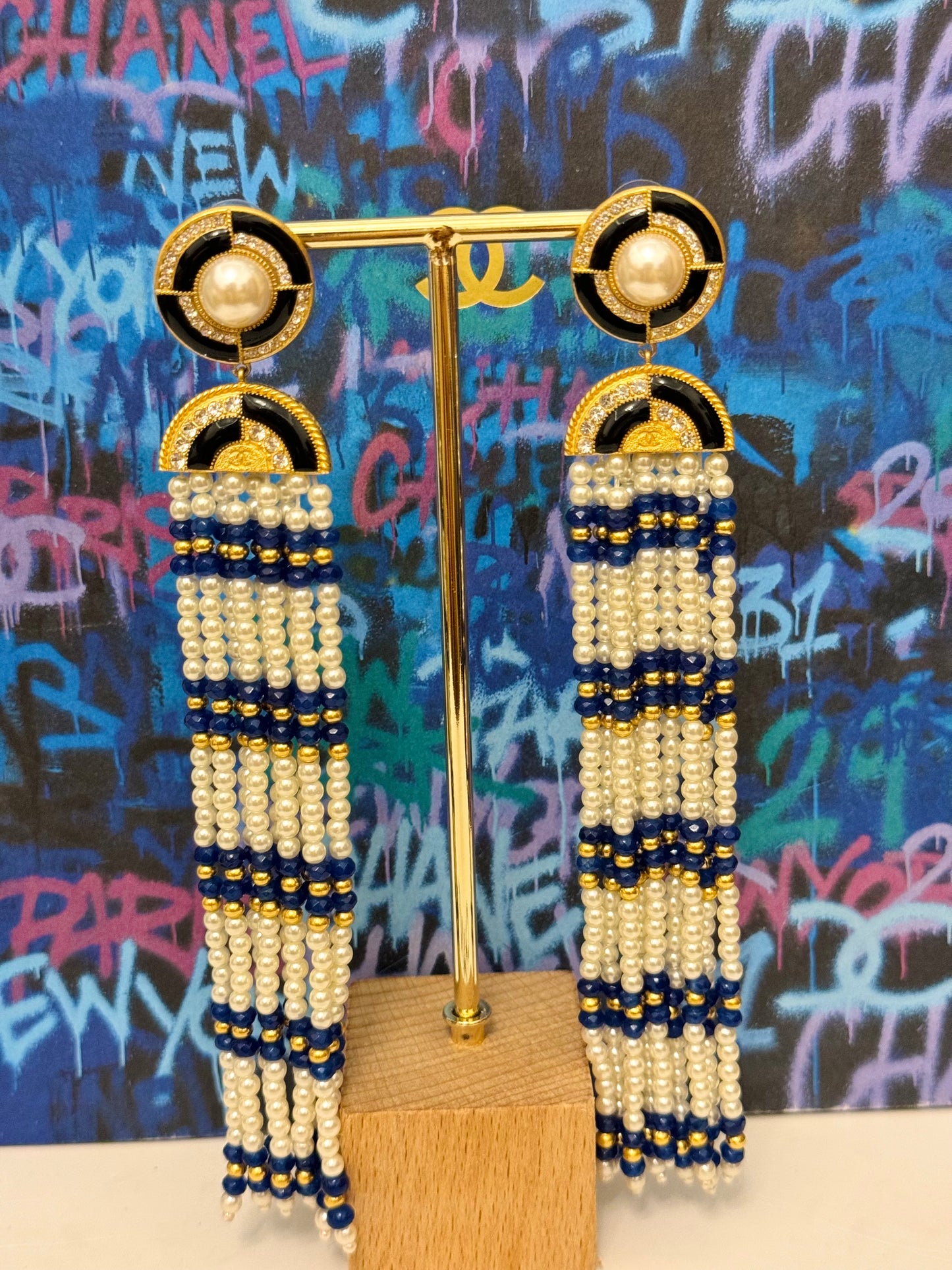 CHANEL Métiers d’Art Paris–New York 2019 “Egyptian” Lapis Lazuli & Pearl Chandelier Earrings by Karl Lagerfeld – Runway & Book Cover