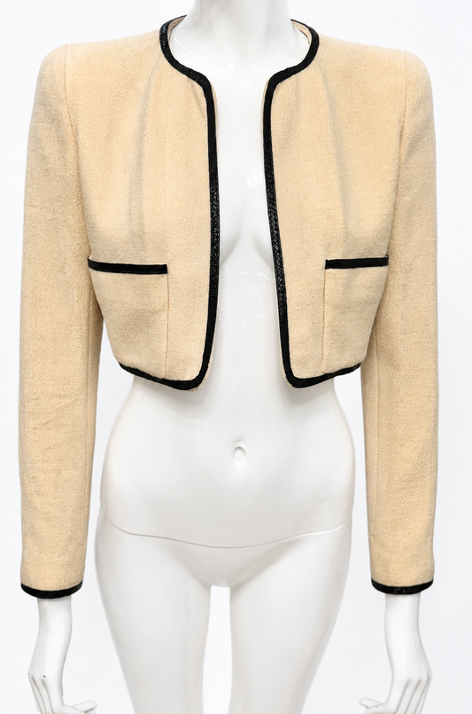CHANEL Spring/Summer 1995 Barbie Collection Ivory Cropped Jacket – Iconic Black Patent Trim & Candy CC Buttons by Karl Lagerfeld