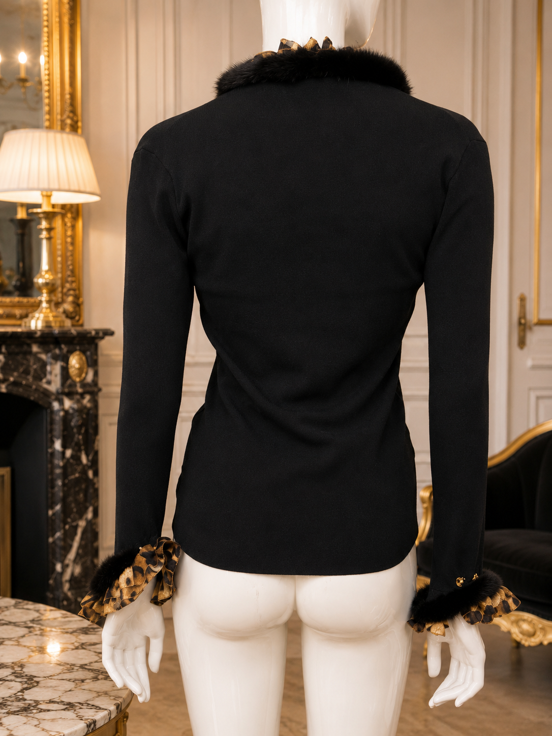 Roberto Cavalli F/W 2005 Black knit cardigan with Mink Fur & Léopard Silk Ruffle Trim
