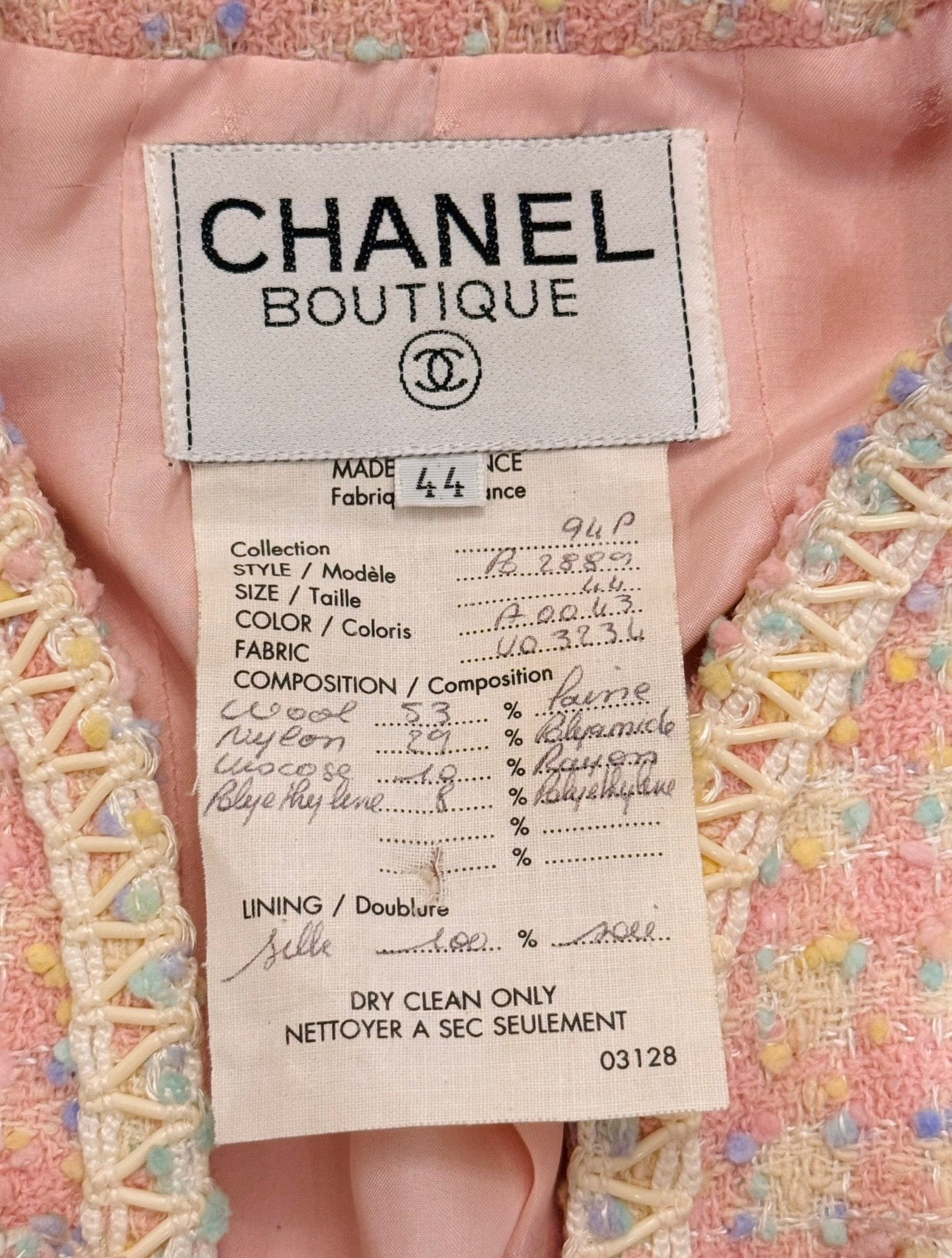 CHANEL Spring Summer 1994
Pastel Popcorn Tweed Scoubidou Jacket by Karl Lagerfeld - Rare Runway Piece - Seen on Elle
Fanning