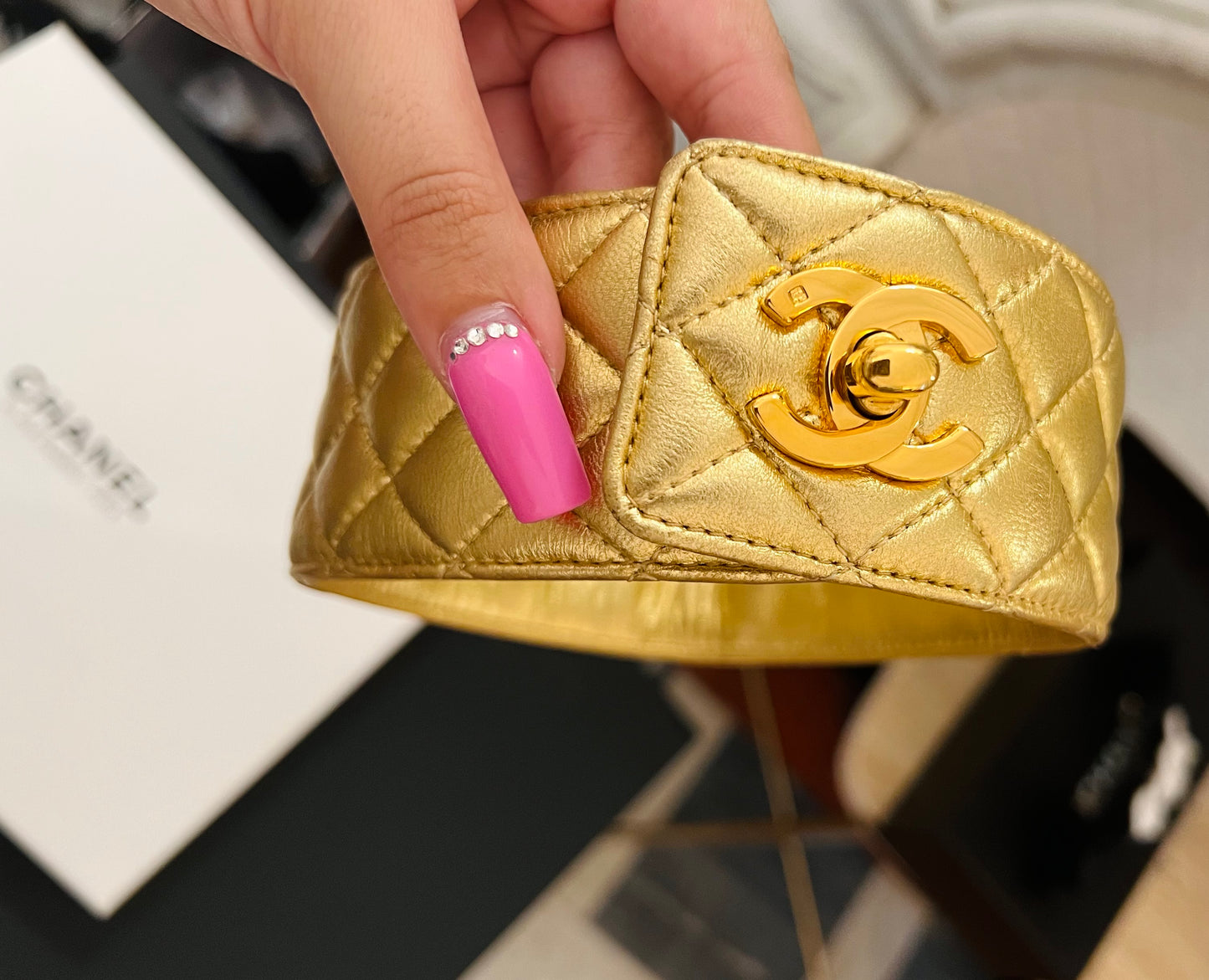 CHANEL Fall/Winter 1991 "Hip-Hop" Gold Quilted Leather Turnlock Choker Necklace by Karl Lagerfeld - Iconic Runway Archive Piece