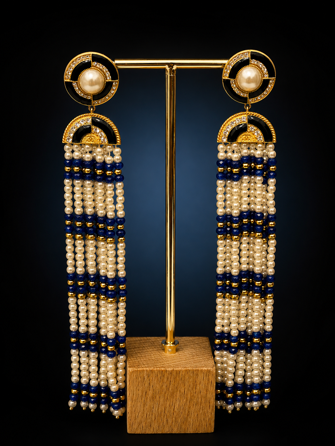 CHANEL Métiers d’Art Paris–New York 2019 “Egyptian” Lapis Lazuli & Pearl Chandelier Earrings by Karl Lagerfeld – Runway & Book Cover